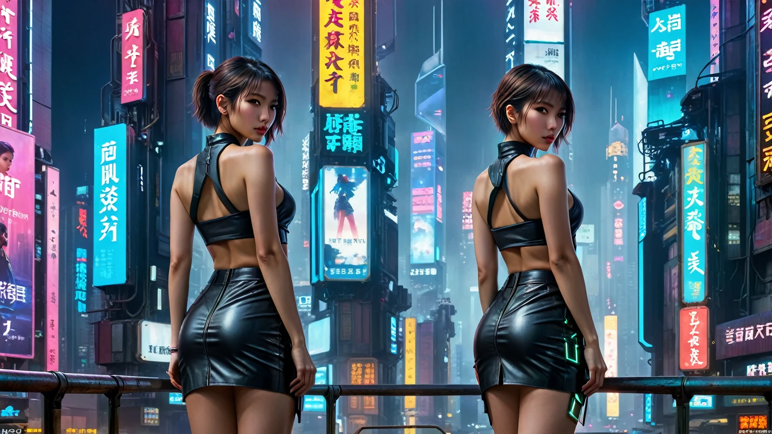 8k, Realistic skin texture, Realistic photos, Neo Hong Kong, (((((1 Slim Western women, alone))))), Eve of 2050, Wearing a tube top, mini skirt, ,((Back view, Standing pose))), (((Half Body (Thigh height) Medium Shot)))), Innovative Configuration, revenge, Blurred aerial view of a cyberpunk city, blade runner worldview, big neon sign.