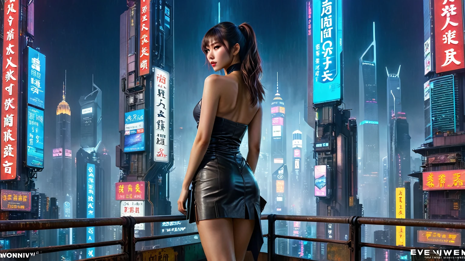 8k, Realistic skin texture, Realistic photos, Neo Hong Kong, (((((1 Slim Western women, alone))))), Eve of 2050, Wearing a tube top, mini skirt, ,((Back view, Standing pose))), (((Half Body (Thigh height) Medium Shot)))), Innovative Configuration, revenge, Blurred aerial view of a cyberpunk city, blade runner worldview, big neon sign.