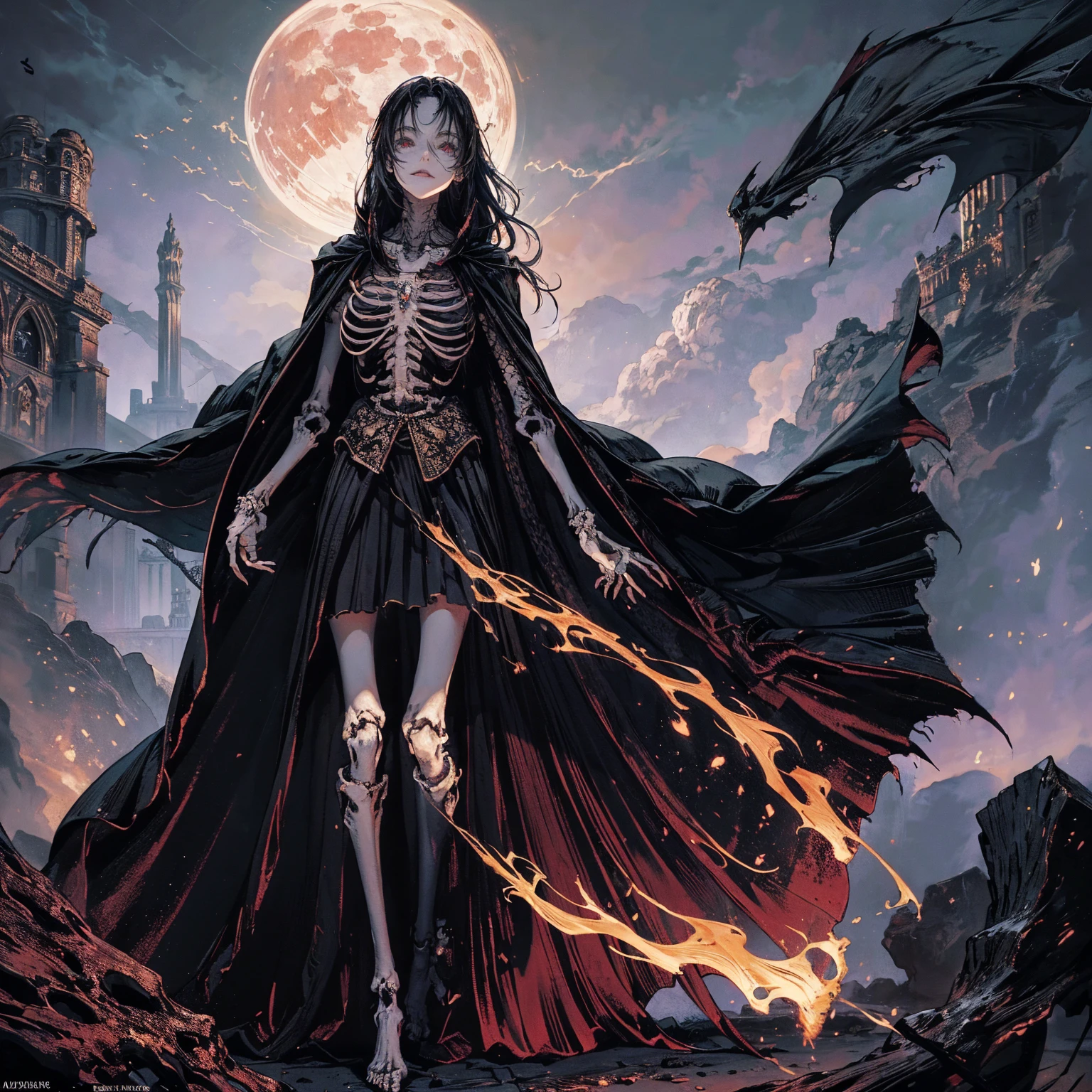 full-body shot, wide-angle lens, upward shot, best quality, 4K, high resolution, masterpiece, Very detailed, Mood lighting, A black hair undead girl in a long cape, Whole body including hands & arms & legs & feet are all skeleton bones but except the head is still beautiful human face, Wearing a ragged gothic skirt, casting dark magic spells in the hand, skulls flying in the sky, Aloofness emotion, Dangerous sneer, Beautiful but cruel smile, Standing, Facing the camera, Crucified, Pitch black sky, Blood-red moon, strange atmosphere, Gothic style, Unforgettable beauty, Dramatic shadows, Ethereal Light, Mysterious atmosphere