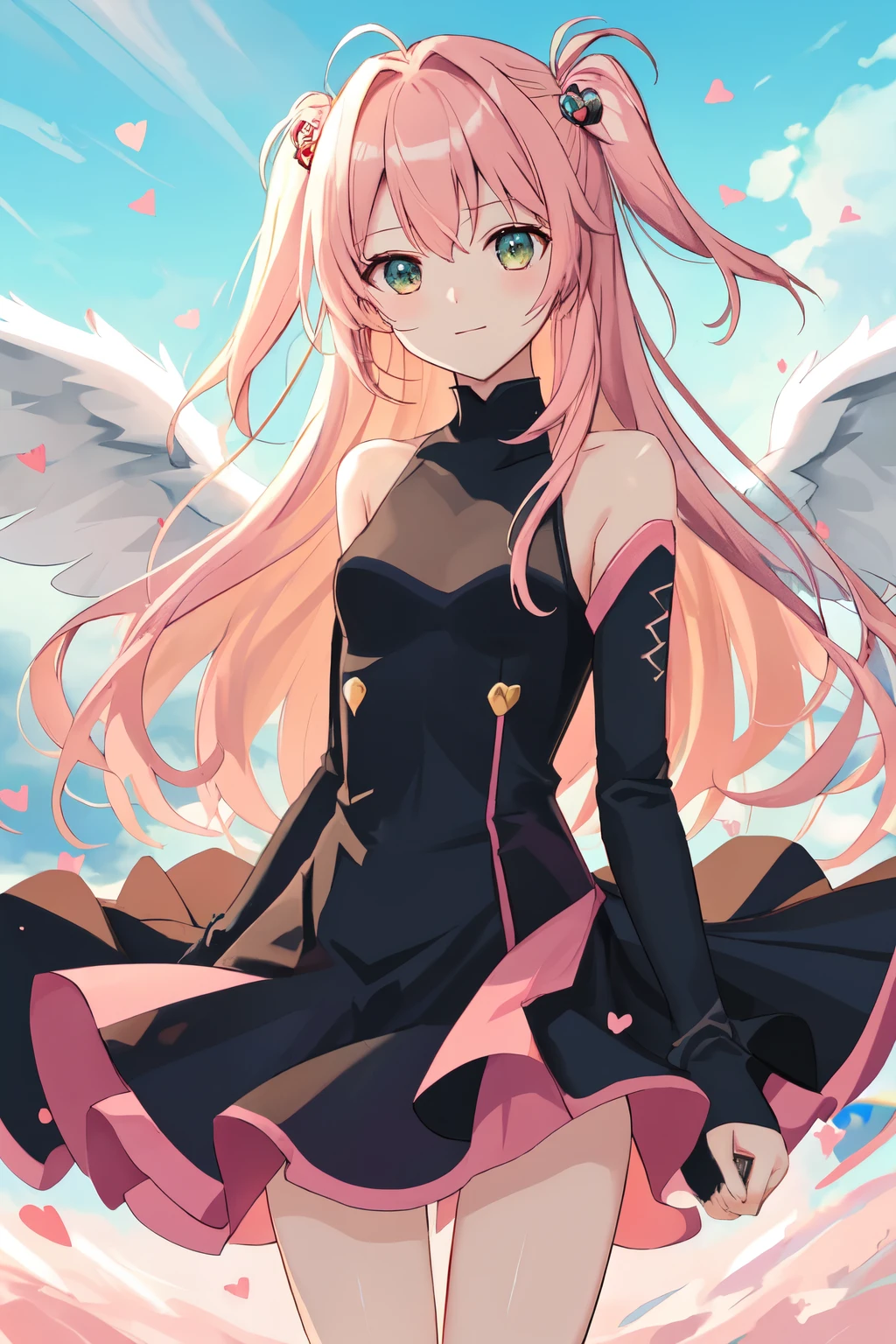 1_girl, (anime, kawai:2), (masterpeice, best_quality, clean:1.5), (sky_background:1.2), (cute, cute_smile, wholesome, young:1.8), (delicate, extremely_delicate, beautiful, thin:1.5), (girlfriend, angel:1.8), (green_eyes, simple_eyes:1.8) (long_hair, blond_hair:1.8), (combat:1.2), (wearing_pink_dress, pink_angel_wings:1.8), (combat:1.2), extremely_delicate, (love_magic:1.5), (age_size_fits_body), (small_thighs:1.3), (breasts), (eye_level:1.3), (heart_magic, love:1.5), (warm:1.8), (folded_legs:1.5)
