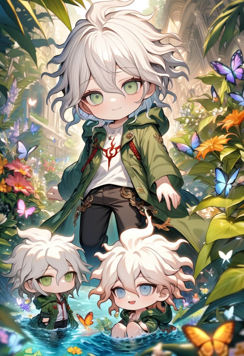Ultra detailed, HDR, Highres, absurdres, master piece, Komaeda Nagito as chibi, white hair, expressive gray-green eyes, green coat with a hoodie, white shirt, black pants, Danganronpa, flowers, butterflies, fantasy, magical, green leaves, summer, boy, cute, water, chibi, smiling