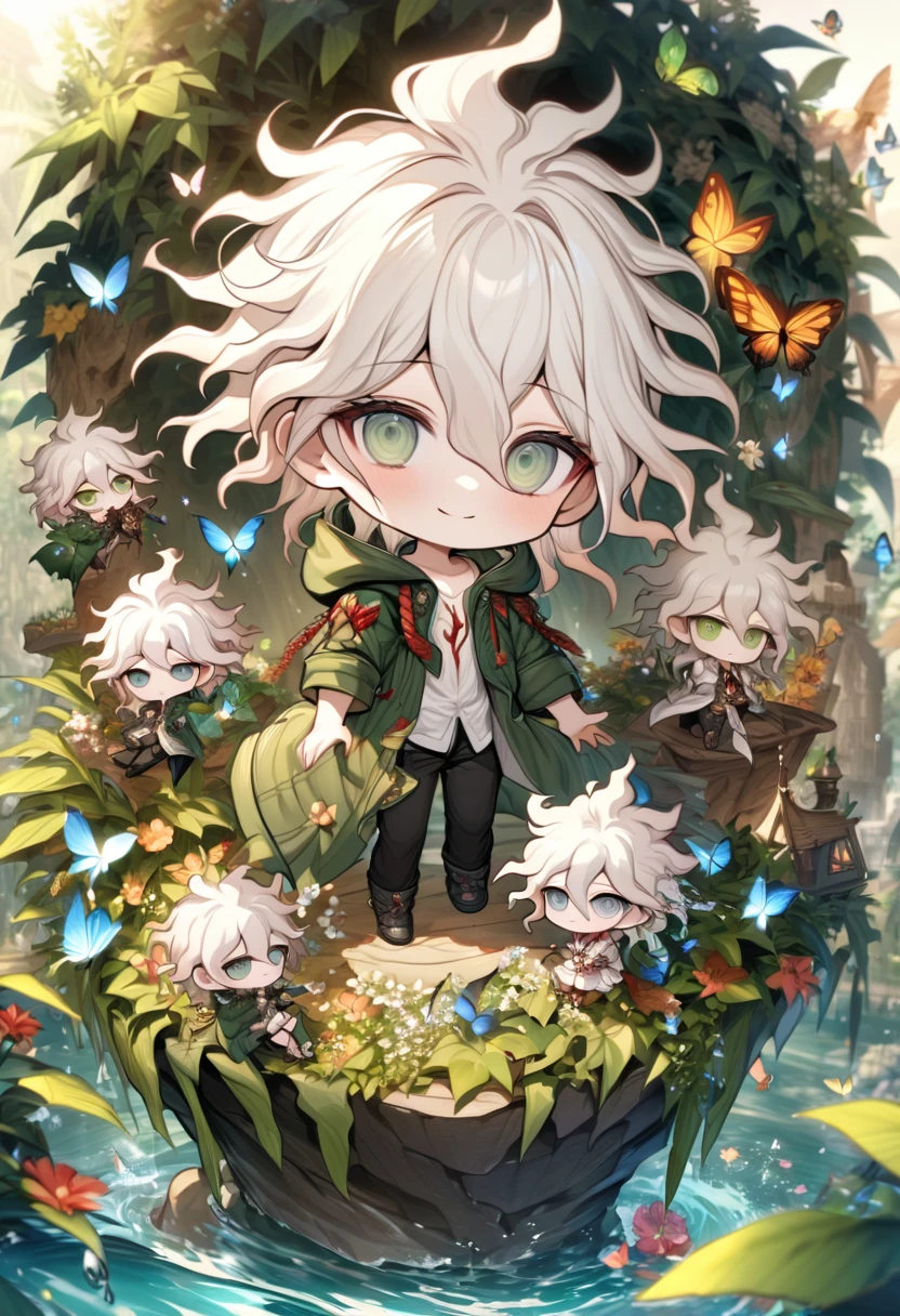 Ultra detailed, HDR, Highres, absurdres, master piece, Komaeda Nagito as chibi, white hair, expressive gray-green eyes, green coat with a hoodie, white shirt, black pants, Danganronpa, flowers, butterflies, fantasy, magical, green leaves, summer, boy, cute, water, chibi, smiling