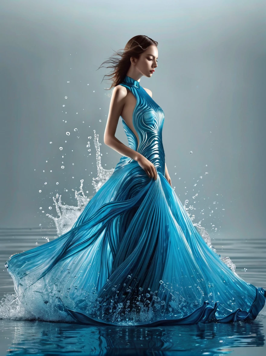 A girl，Wearing a gorgeous outfit made of water，Exquisite dress，Elegant water dress，Gorgeous and elegant，Luxurious clothing，Inspired by Hedi Xandt&#39;s design style，Her attire includes intricate clothing，ornate royal robes，Fine clothing and robes，and dresses with delicate and elegant details，She stepped on high heels，Dressed in royal style，Her hands have finely detailed finger drawings，(((The fire burned in her body，Also dancing on the skirt，The fire element gave her a winged form)))，(Covered with transparent fabric，It's a masterpiece, The highest quality artistic presentation:1.2)，(8K resolution high-definition RAW photos，a realistic style，Photorealistic:1.3)，(Skin texture is extremely detailed, The fabric texture is exquisite, Realistic flame effects, Beautiful and delicate face:1.25)，Professional lighting arrangement，Photon Mapping Technology，Soft and beautiful light processing，Radiometric calculation method，High-end shooting techniques such as physically based realistic rendering and ray tracing technology are used in it，Model-like shooting style，(Extremely fine CG unified 8K wallpaper)，Full-length photo shows one of the most beautiful works of art in the world