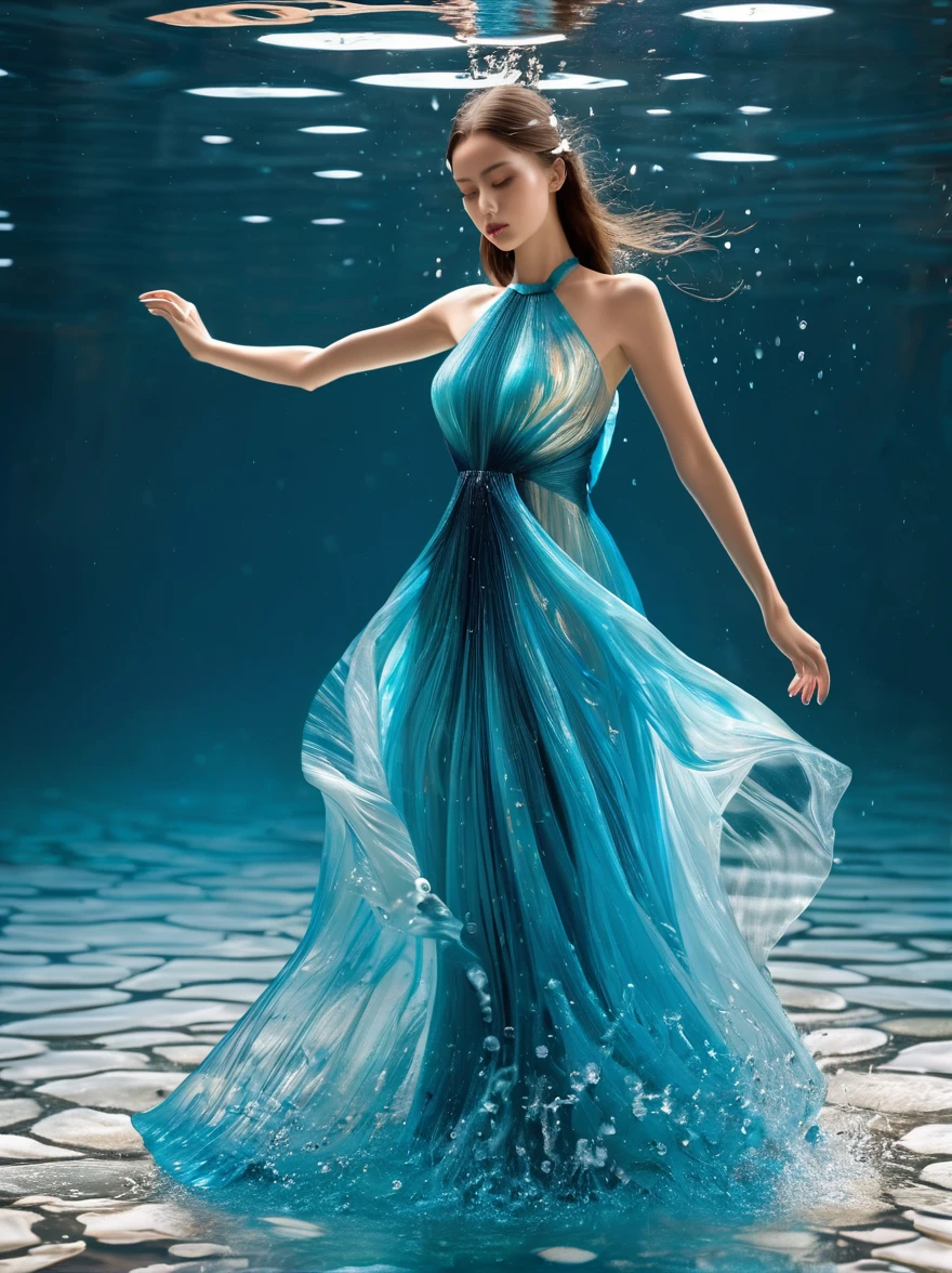 A girl，Wearing a gorgeous outfit made of water，Exquisite dress，Elegant water dress，Gorgeous and elegant，Luxurious clothing，Inspired by Hedi Xandt&#39;s design style，Her attire includes intricate clothing，ornate royal robes，Fine clothing and robes，and dresses with delicate and elegant details，She stepped on high heels，Dressed in royal style，Her hands have finely detailed finger drawings，(((The fire burned in her body，Also dancing on the skirt，The fire element gave her a winged form)))，(Covered with transparent fabric，It's a masterpiece, The highest quality artistic presentation:1.2)，(8K resolution high-definition RAW photos，a realistic style，Photorealistic:1.3)，(Skin texture is extremely detailed, The fabric texture is exquisite, Realistic flame effects, Beautiful and delicate face:1.25)，Professional lighting arrangement，Photon Mapping Technology，Soft and beautiful light processing，Radiometric calculation method，High-end shooting techniques such as physically based realistic rendering and ray tracing technology are used in it，Model-like shooting style，(Extremely fine CG unified 8K wallpaper)，Full-length photo shows one of the most beautiful works of art in the world