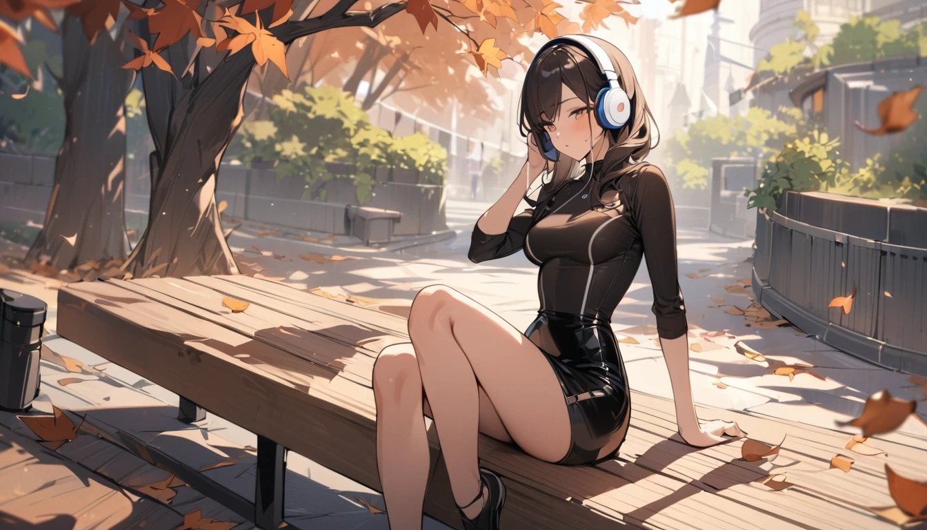 ((Top Quality)), ((Masterpiece)), ((Details)), perfect face, perfect body, fallen leaves background, sitting on a bench, listening to music, wearing headphones, wearing tight clothes, wear a tight skirt, dating, Woman with face visible