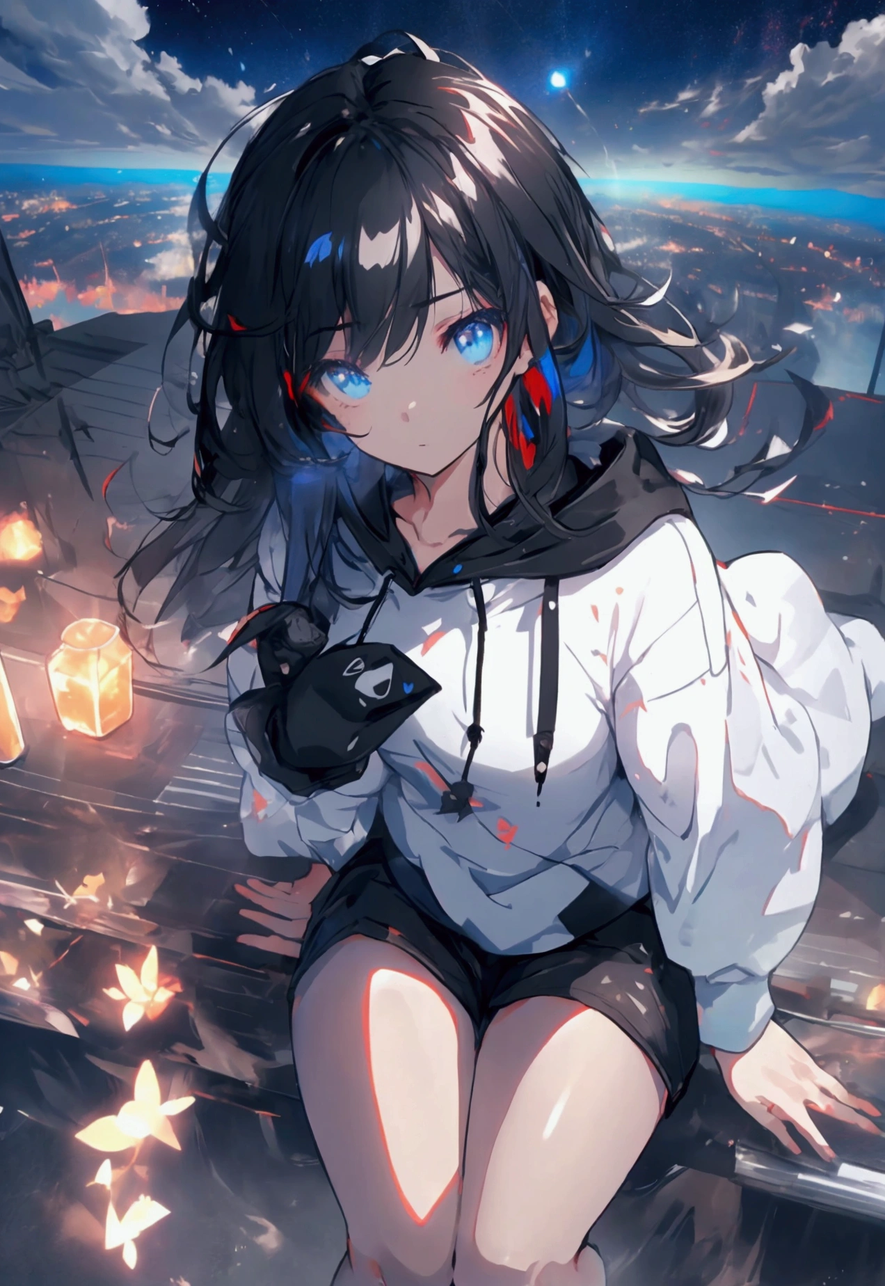 Using a laptop、Beautiful Face, Beautiful legs, Black Hair, On the roof, scattered clouds,detailed,Vivid night view,hoodie,Sitting、Looking down from above、the wind is strong
