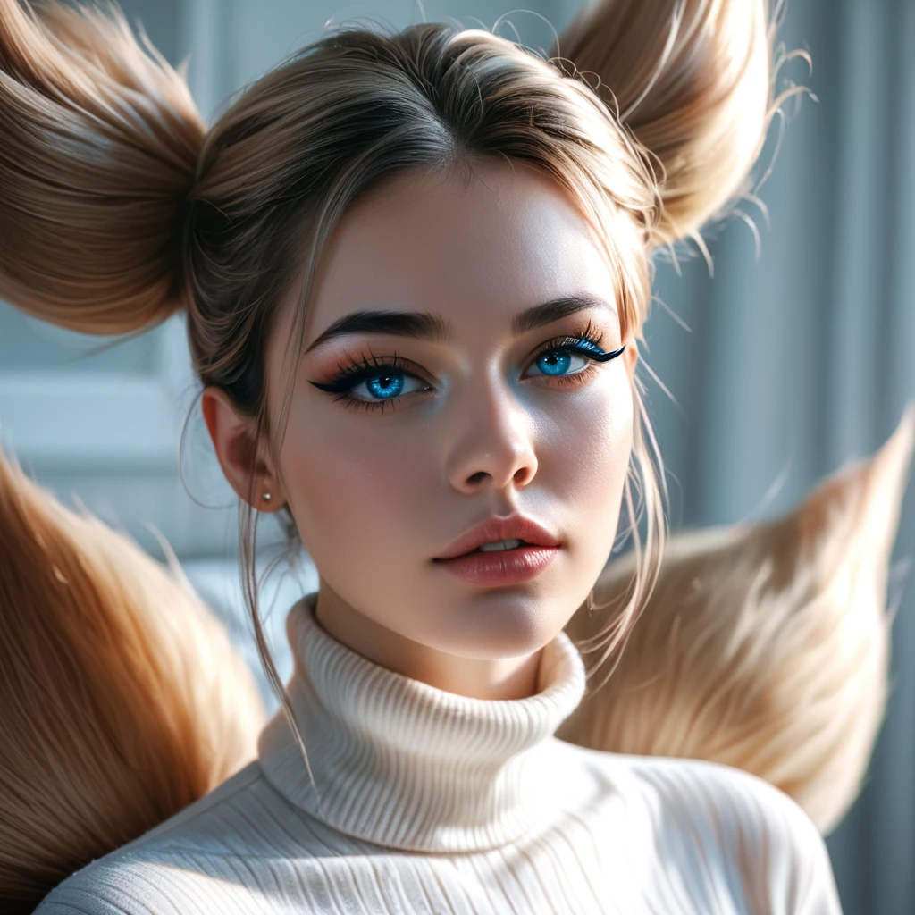 Wearing a turtleneck, double tails, parted lips, eyeliner, make-up, blue eyes, upper body, Score_9,score_8_up,score_7_up, photorealistic, masterpiece, ultra detailed, low light (soft light, sharp), moody lighting.