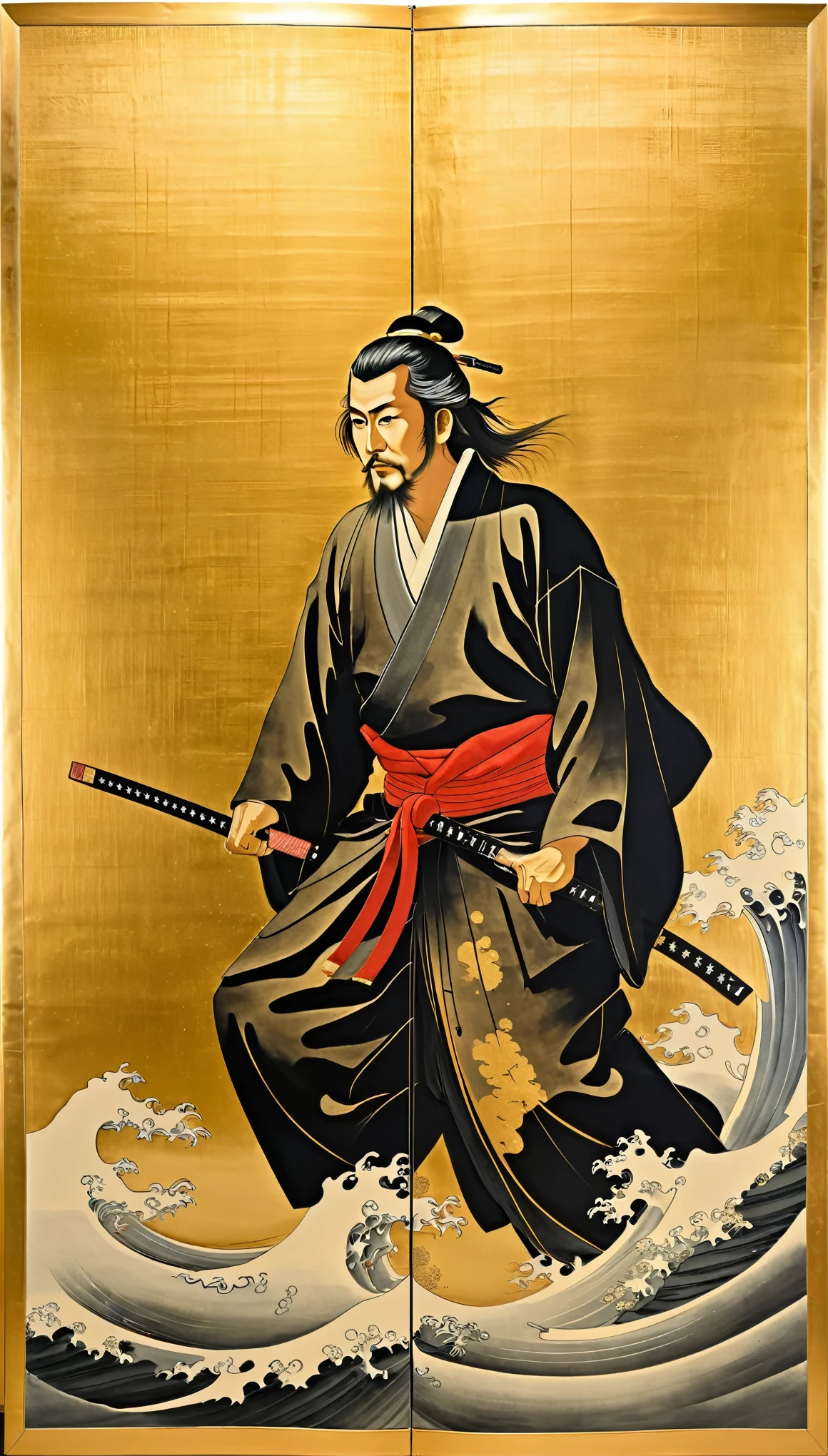masterpiece,Folding screen depicting Miyamoto Musashi,Ink and water Japanese painting,(Beautiful gradation created by layering),(Tarashikomi technique),(Gold dust base),(dynamic)