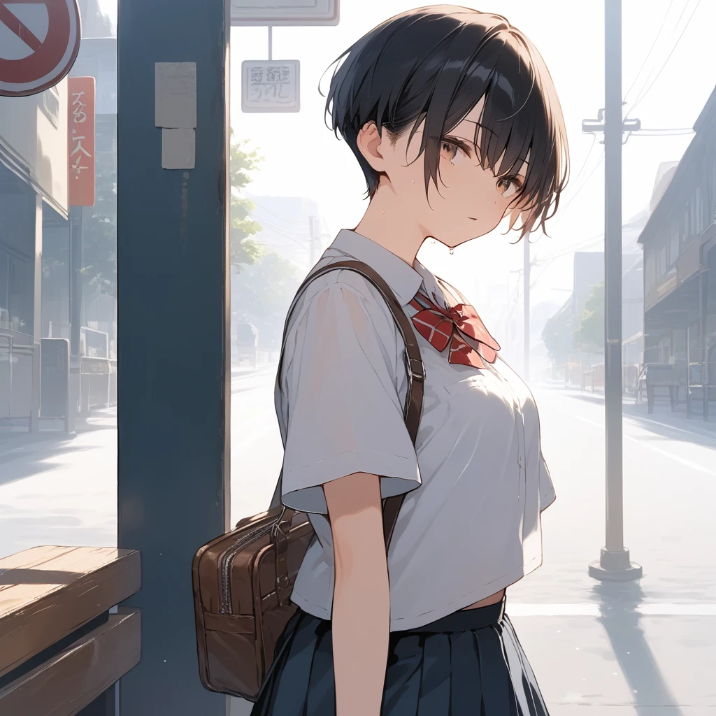 score_9, score_8_up, score_7_up, source_anime, best quality, masterpiece, official art, absurdres, highres, ultra-detailed,waifu2x,Collection: Serious Beauty,break,1girl, very short hair, pixie cut, breasts, beautiful detailed eyes, expressionless, school_uniform, sweat, parted lips, outdoors,bus stop, bench, summer, wind, break,(clear line illustration:1.2), super detailed skin,very high resolution, very aesthetic, Best sexual lighting powered by famous artist, 8k, beauty illustration,photoshop_(medium),,(Detailed Lighting),best anime 8k konachan wallpaper, pixiv contest winner,