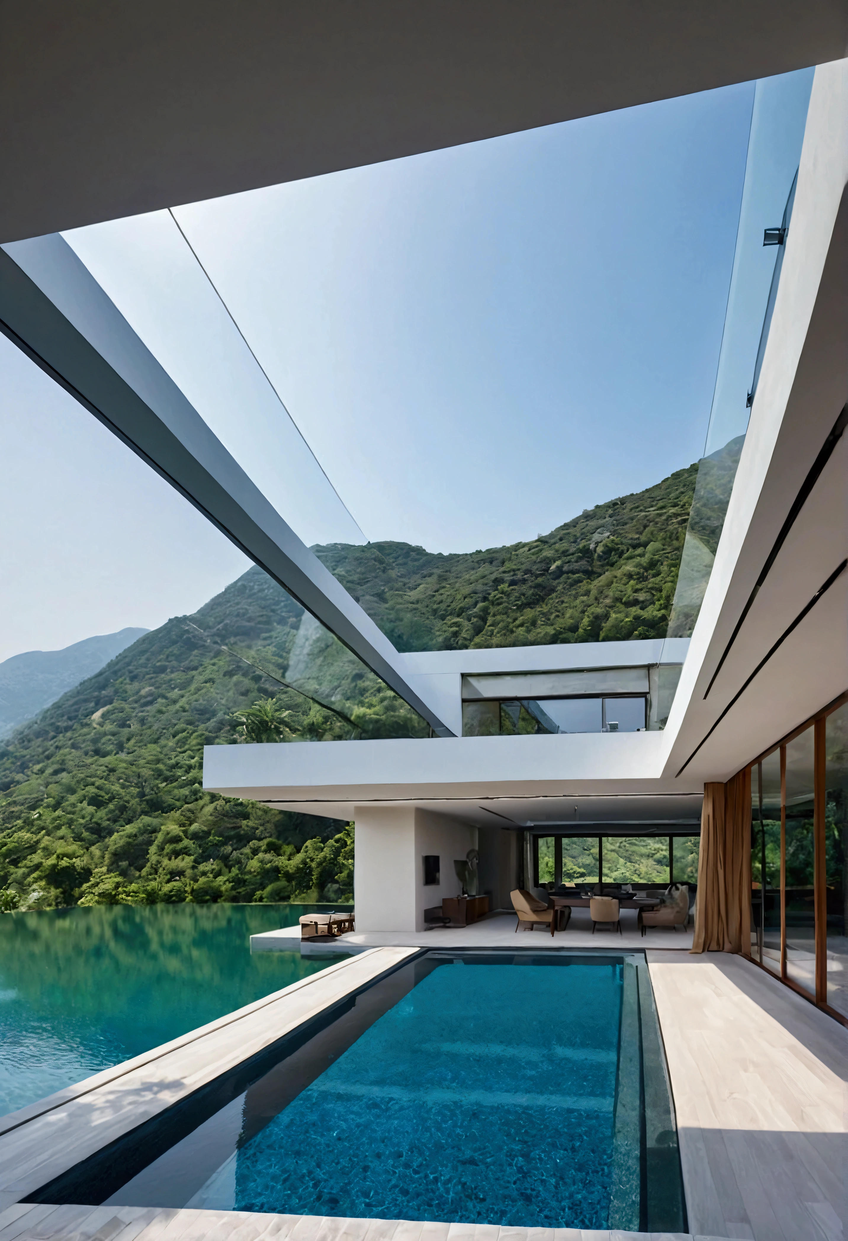 A home full of futuristic technology，三层architecture，Set against the mountains，Facing the lake，Huge swimming pool，现代architecture风格， Ultra-detailed photos，architecture，complex，trace, High Dynamic Range，Dynamic Lighting, Realistic, Natural soft lighting, 低H, masterpiece, Detailed 8k，There are a lot of details，Oversized floor-to-ceiling glass，The combination of technology and natural environment，Looks super cool，court，Luxury car