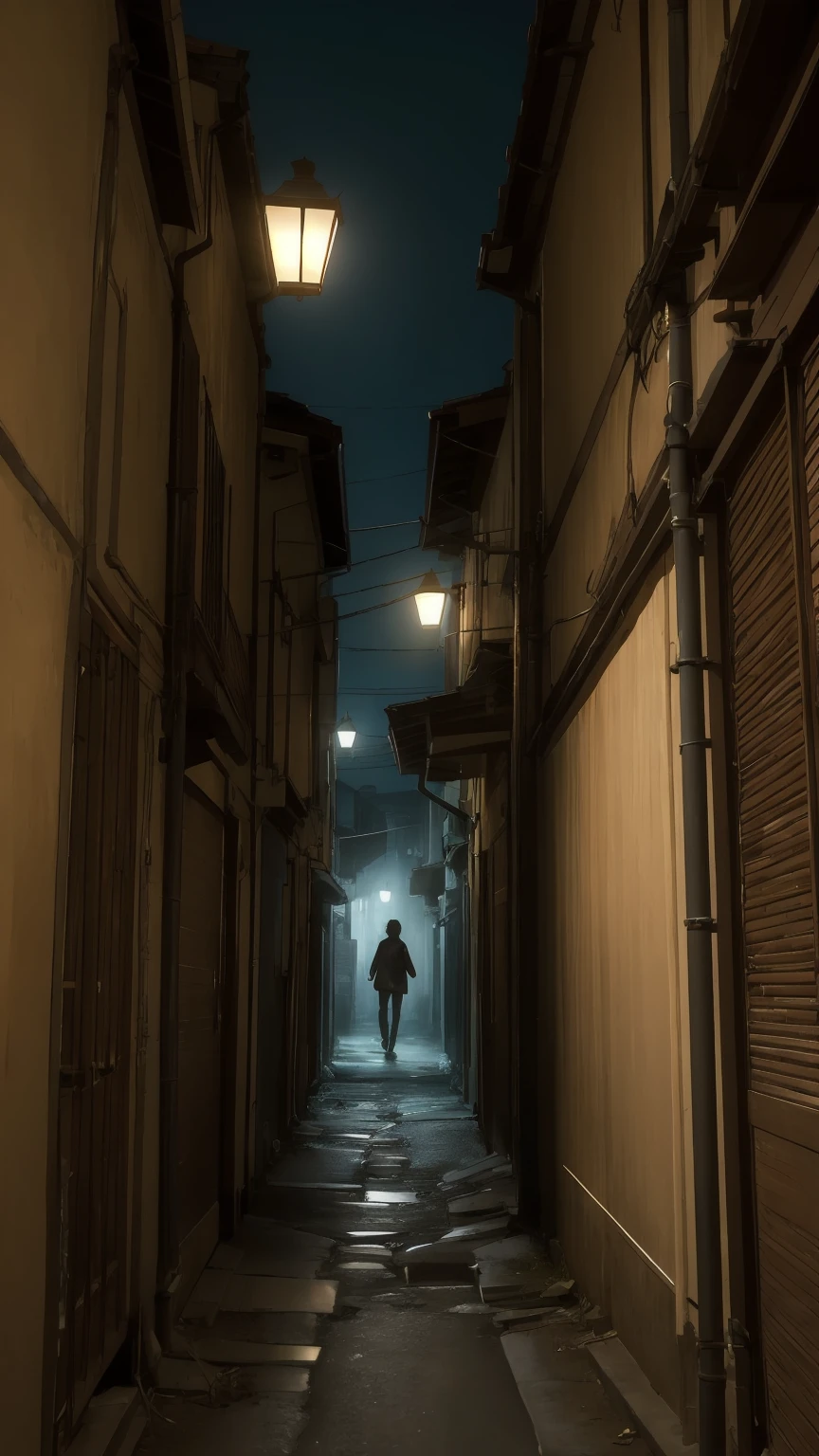 Create a hyper-realistic and dramatic image of a terrifying yokai, Hitotsume-Kozou, chasing towards the viewer. The Hitotsume-Kozou should have a single large eye in the center of its face, with detailed and realistic textures for the skin, clothing, and surroundings. The scene should be set in a dark, narrow alleyway at night, with dim lighting and shadows to enhance the eerie and tense atmosphere. The Hitotsume-Kozou should have a menacing expression, and its movements should convey a sense of urgency and threat.
