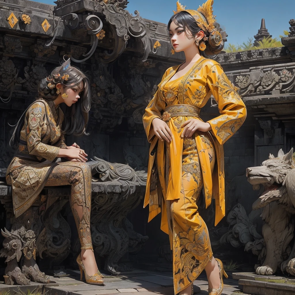 fullbody snapshot a beautifull woman, wearing batik kebaya, intricately design, borobudur temple Environment in the background, dramatic, UHD, 32K, ornate detail, very clean and detailed