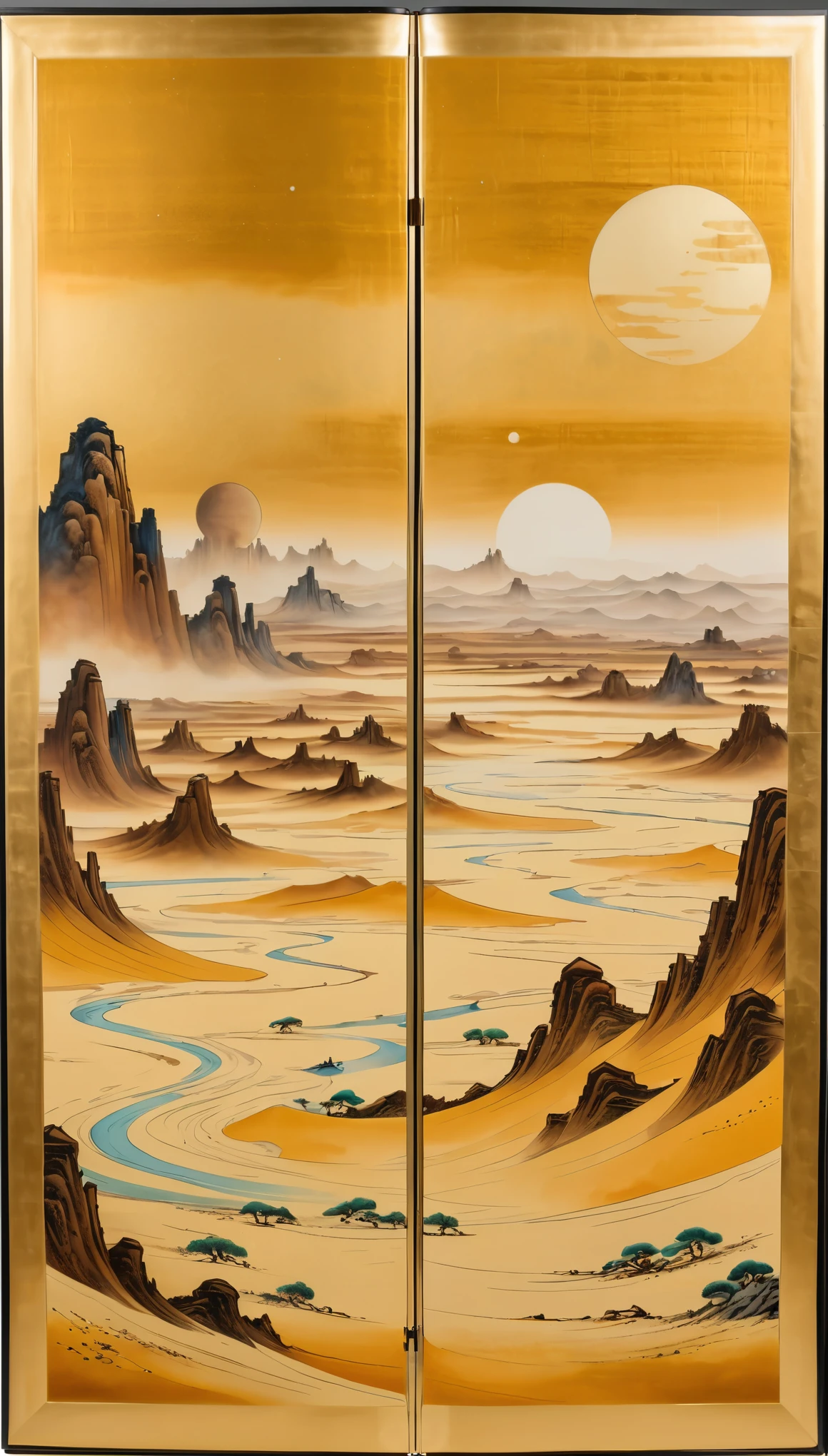 masterpiece,A folding screen depicting the sand planet Tatooine,Ink and water Japanese painting,(Beautiful gradation created by layering),(Tarashikomi technique),(Gold dust base),(dynamic)