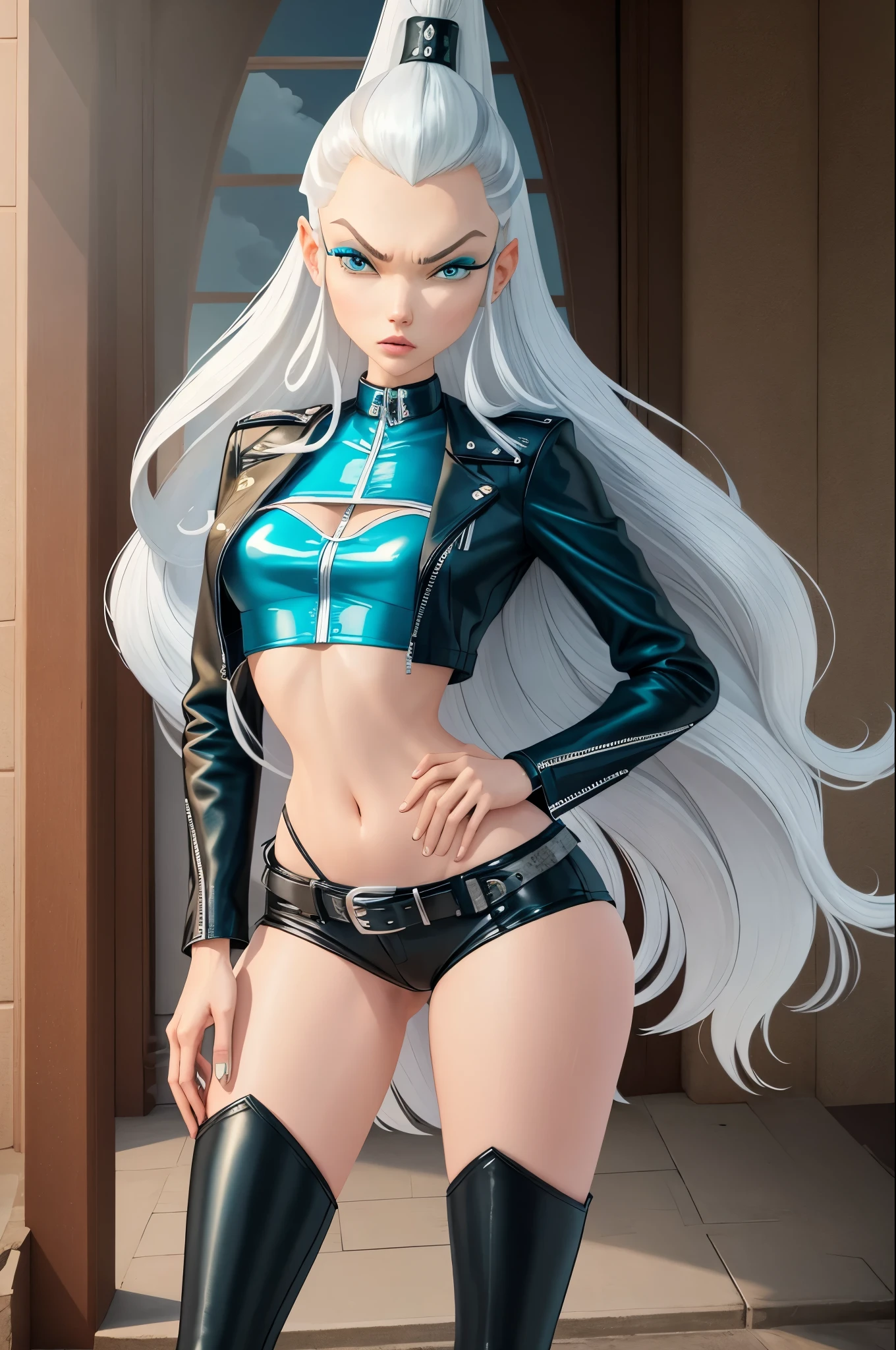 ​masterpiece, best quality, Ultra-detail, Illustration, 1 girl, icywinx, alone, very long hair, black open leather jacket, Jeans, belt, Creolen, navel, Fantasies, leather boots, soreading legs, hochnäsiger Blick, closed mouth, Fantasies worlds, Komposition,  