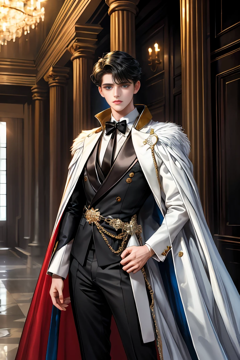masterpiece, 最high quality, high quality, 1 boy, alone, Male focus, Watching the audience, Messy black hair, Adorable big blue eyes, White, Noble, Noble,A sexy, voluminous, puffy cape、tuxedo、A very voluminous, large, very large, very large, long, long red and black cape with a high stand-up collar, made of a lot of fabric that reaches down to the floor., 17 years old,Cute beautiful boys,Cute, cute, kind, handsome guy