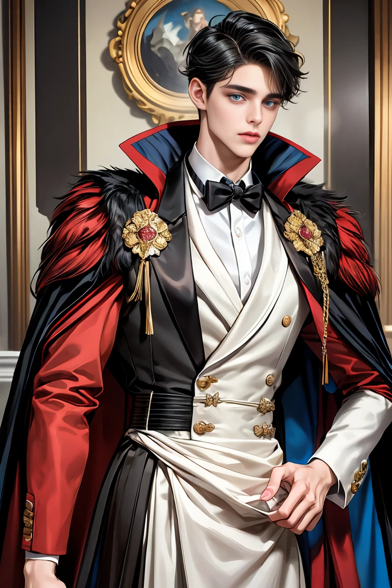 
masterpiece, 最high quality, high quality, 1 boy, alone, Male focus, Watching the audience,  Messy black hair, Adorable big blue eyes, White, Noble, Noble,A sexy, voluminous, puffy cape、tuxedo、A very voluminous, large, very large, very large, long, long red and black cape with a high stand-up collar, made of a lot of fabric that reaches down to the floor., ,Cute beautiful boys,Cute, cute, kind, handsome guy