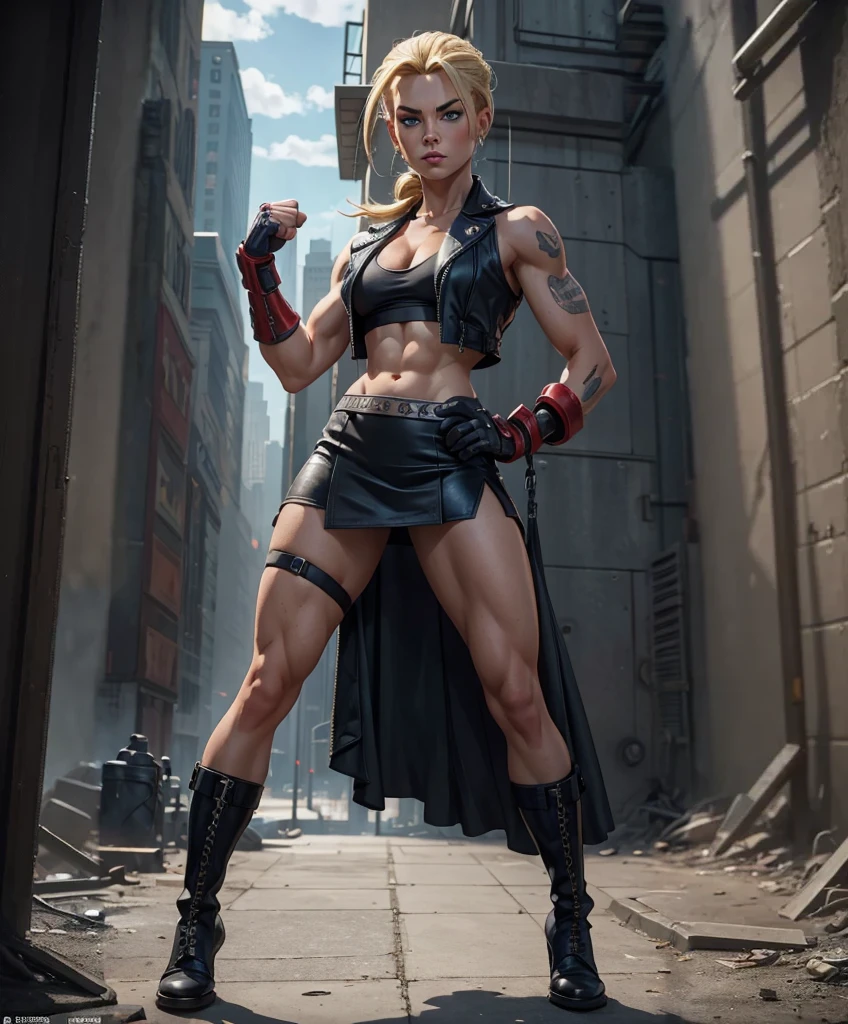 (((Full-length shot))),muscular build and medium breasts .., wears an open black leather vest.., black leather gloves, a short skirt and heavy boots.18 years.She has a punk rock look and blonde hair pulled back into a ponytail...Hyper-realistic close-up photo of Cammy, blue eyes, masterpiece,no tattoos,Best quality, (Photorealism: 1.4), Create dystopian masterpieces. Post-apocalyptic world. Pay attention to small details, sharp focus. The palms of the hands are clenched into fists.