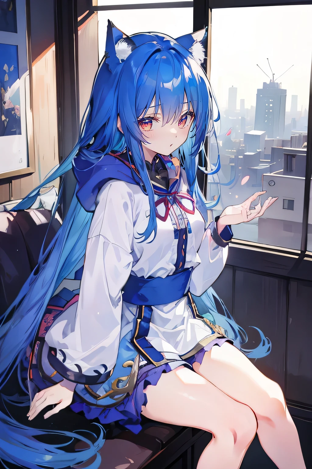 (masterpiece:1.2),Super detailed,lifelike,Expressive eyes,fair skin,perfect face shape,1 girl,
Japanese comics,Gorgeous blue hair,flowing blue hair,flowing clothes,Cat ears,Petals fall,beautiful lola,Baby Angel,
Shaking head with one hand,Cross your legs,smile, wearing hoodie, ,back views,snowing, winter,City Street Scene,winter。sitting on window, looking out the window。