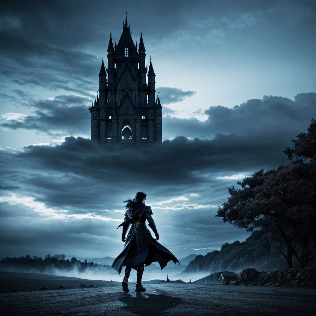 A young woman with blue eyes and black hair stands in a dramatic pose, There are chains on the ground, A dark cloak billowed around him, His expression was a mixture of determination and sadness. He is surrounded by crows and chains, Hints at a dark and mysterious past. In the background is a distant castle and swirling sky, Increase the sense of intrigue.
anime style, Dynamic composition wide angle lens, dramatic lighting, black contrast color, blue, and white, Subtle motion blur, Detailed texture, Clouds and distant castle in the background, Presented in a highly detailed and realistic style.