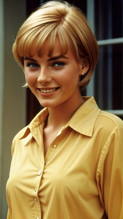Jean Seberg wearing liquid colored clothes sexy and smiling