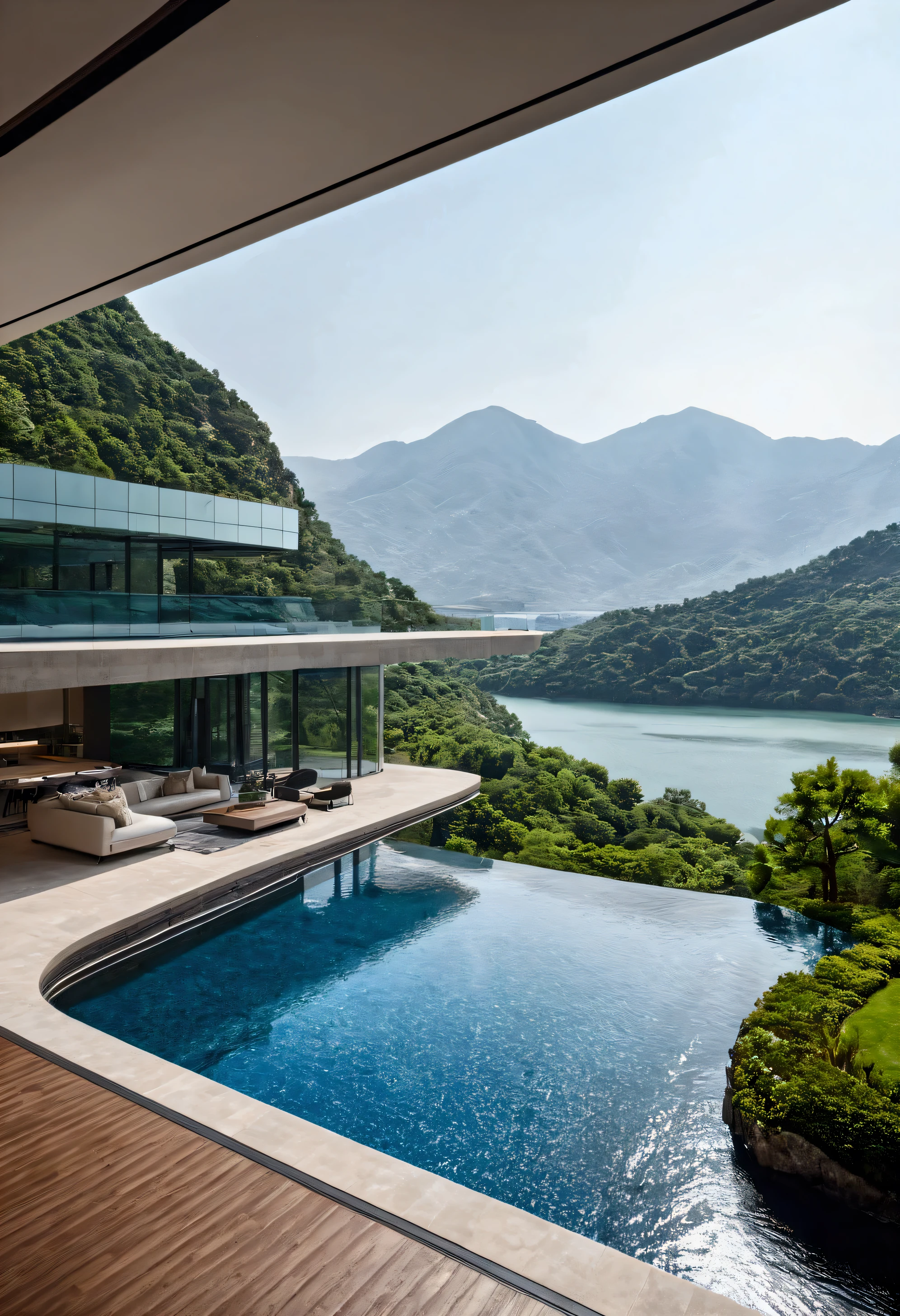 A home full of futuristic technology,Three-layer architecture,Set against the mountains,Facing the lake,Huge swimming pool,Modern architecture style, Ultra-detailed photos,architecture,Complex,trace, High Dynamic Range,Dynamic Lighting, Realistic, Natural soft lighting, 低H, masterpiece, Detailed 8k,There are a lot of details,Oversized floor-to-ceiling glass,The combination of technology and natural environment,Looks super cool,court,Luxury car