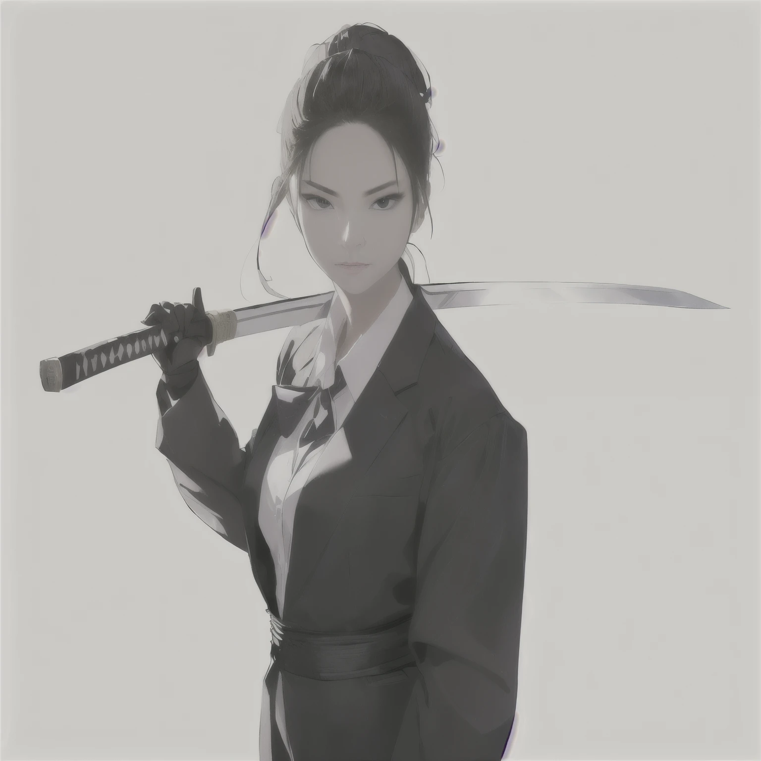 a girl in a suit holding a sword and a sword in her hand, holding katana, holding a katana, dramatic wielding katana pose, wielding a katana, menacing!!!, epic portrait of menacing, swordswoman , holding a black katana, funny professional photo, professional profile picture, holding two swords, amazing professional picture