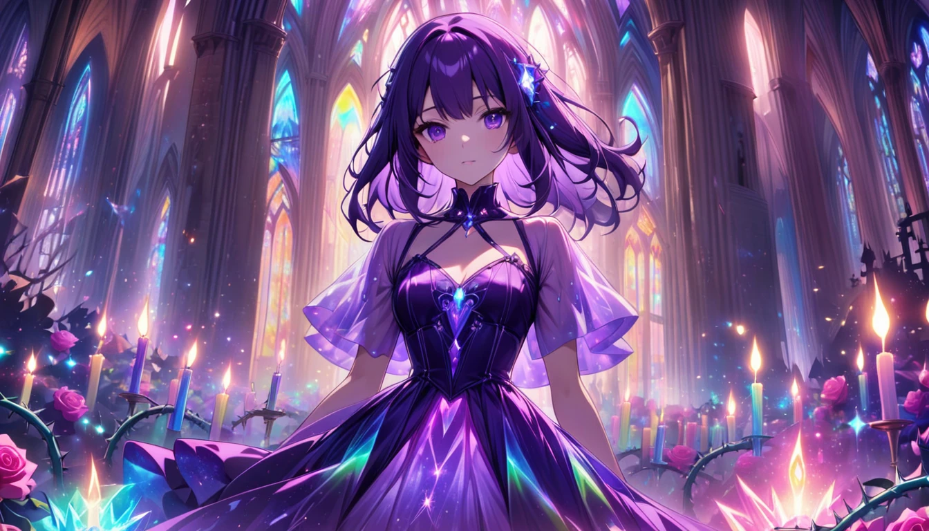 Princess, dark purple dress with rainbow crystals, magical, purple lamp, haunting, mysterious, psychedelic, bioluminescent path, candles, briar, roses, thorns, pastel scatter light, cathedral, close up