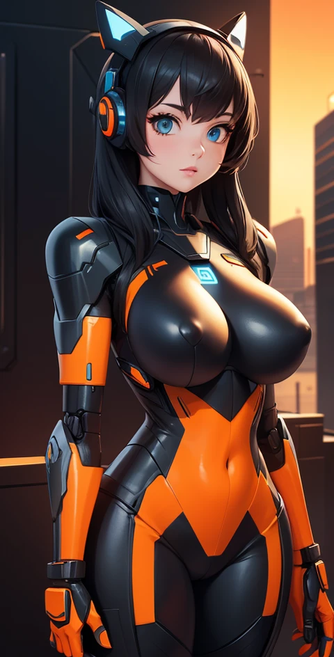 Busty matte black robot girl with orange details