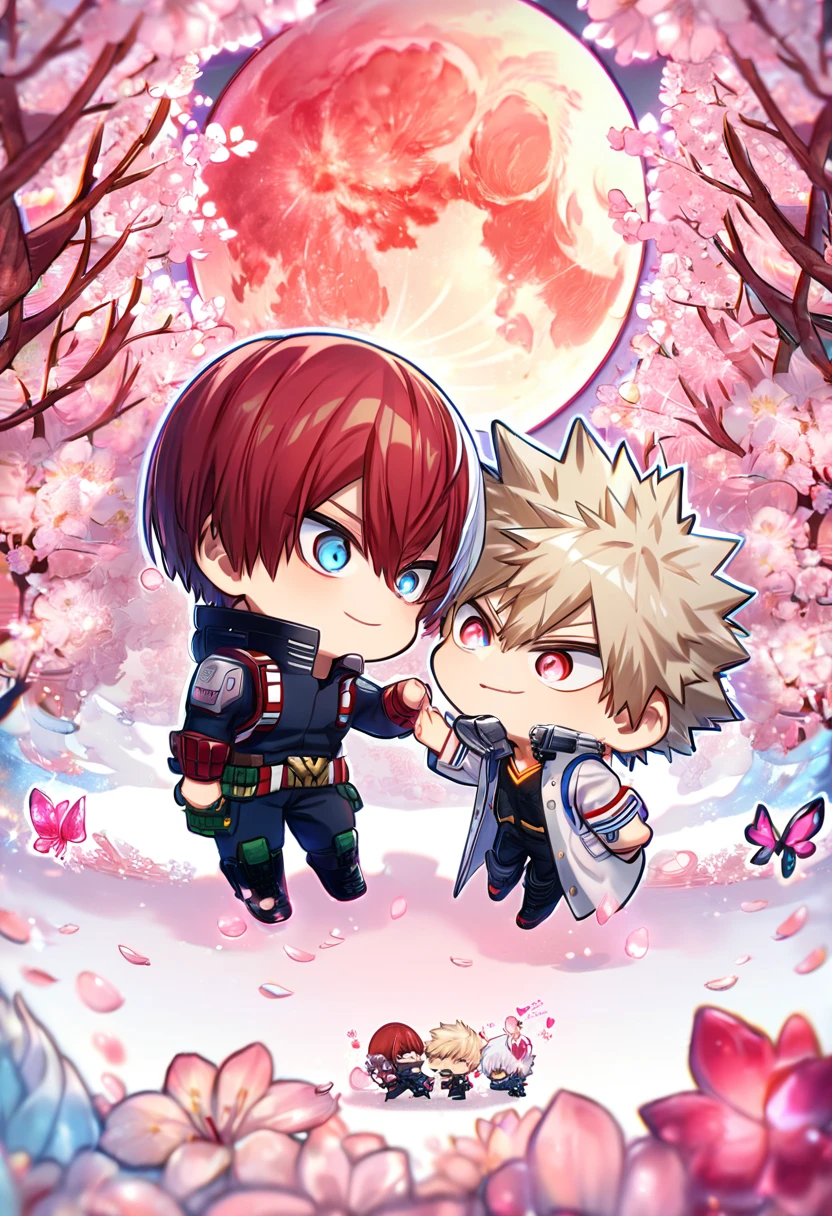 absurdres, highres, ultra detailed, HDR, master piece, best quality, extremely detailed, Todoroki Shouto chibi, bicolored hair, right side of the hair white, left side of the hair red, expressive blue eyes, Boku No Hero Academia, Bakugo Katsuki chibi, ash-blonde hair, expressive red eyes, two boys together, yaoi, gay couple, cute, smile, white coat, small, black shirt, magical, sparkling, pink glittering fireflies, pink ice, pink ice butterflies, pink ice petals, pink ice cherry blossoms, pink crystal, pink flowers, pink moon