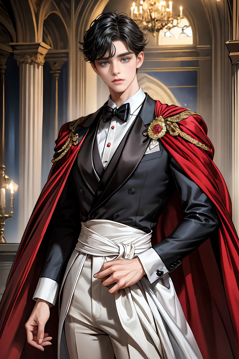 masterpiece, 最high quality, high quality, 1 boy, alone, Male focus, Watching the audience, Messy black hair, Adorable big blue eyes, White, Noble, Noble,A sexy, voluminous, puffy cape、tuxedo、A very voluminous, large, very large, very large, long, long red and black cape with a high stand-up collar, made of a lot of fabric that reaches down to the floor., 17 years old,Cute beautiful boys,Cute, cute, kind, handsome guy