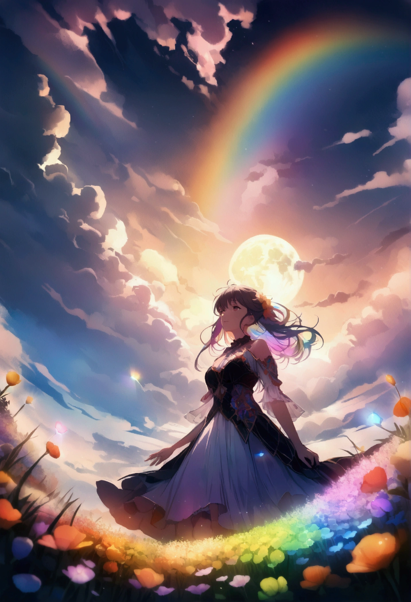 A wide landscape photo, (viewed from below, the sky with rainbow is above, and the open field is below), an anime girl sitting on colorful flowers field looking up, (full moon: 1.2), (rainbow clouds: 0.9), (rainbow: 1.3), distant mountains , shooting stars,  Crafting Art, (Warm Light: 1.2), (Firefly: 1.2), Lights, Lots of Purple and Orange, Intricate Details, colorful palette,Volumetric Lighting BREAK (Masterpiece: 1.2), (Best Quality), 4k, Ultra Detailed, (Dynamic Composition: 1.4), Rich in Detail and Color, (Rainbow Color: 1.2), (Glow, Atmospheric Lighting), Dreamy, Magical, (Solo: 1.2),