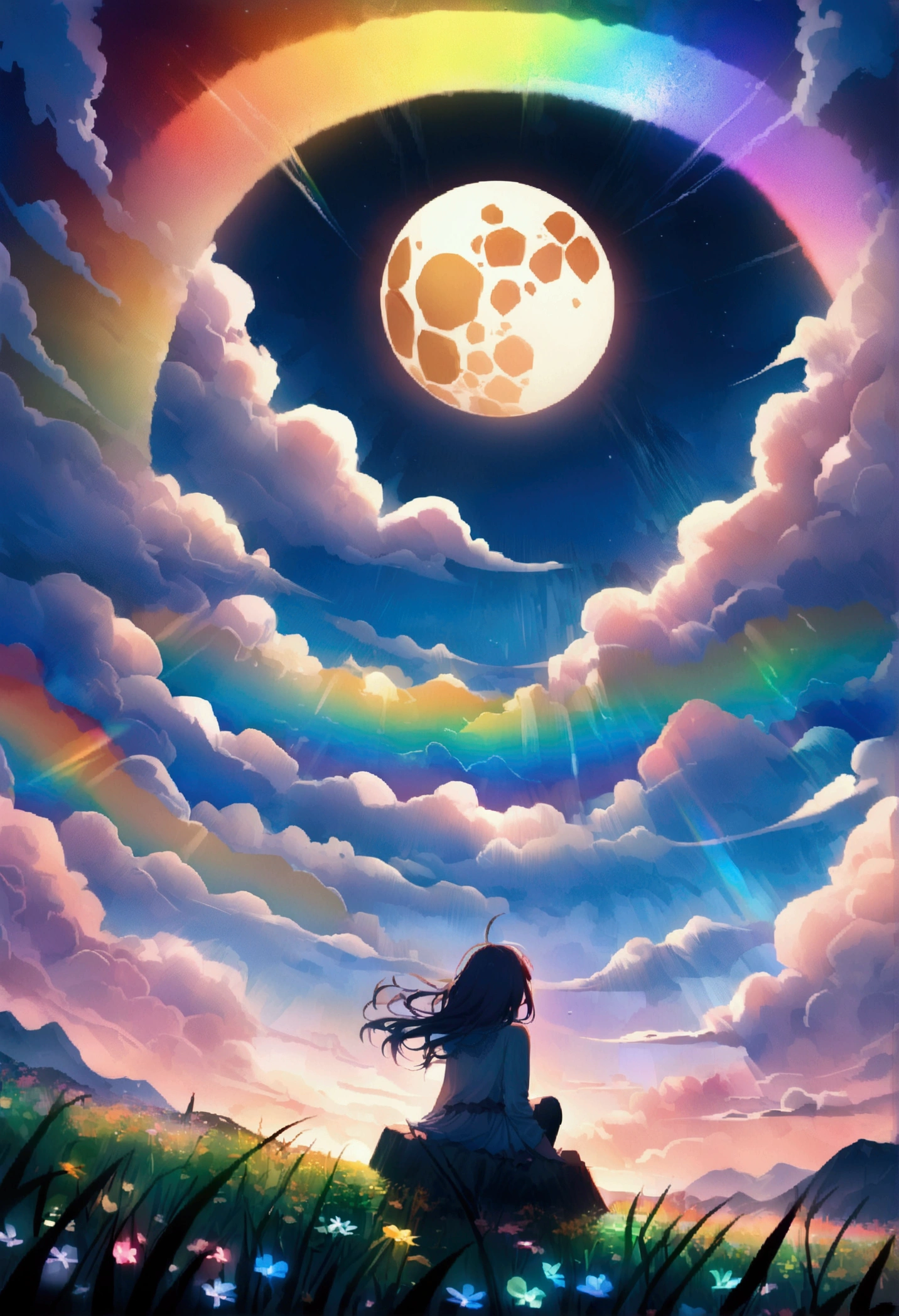 A wide landscape photo, (viewed from below, the sky with rainbow is above, and the open field is below), an anime girl sitting on colorful flowers field looking up, (full moon: 1.2), (rainbow clouds: 0.9), (rainbow: 1.3), distant mountains , shooting stars, Crafting Art, (Warm Light: 1.2), (Firefly: 1.2), Lights, Lots of Purple and Orange, Intricate Details, colorful palette,Volumetric Lighting BREAK (Masterpiece: 1.2), (Best Quality), 4k, Ultra Detailed, (Dynamic Composition: 1.4), Rich in Detail and Color, (Rainbow Color: 1.2), (Glow, Atmospheric Lighting), Dreamy, Magical, (Solo: 1.2),