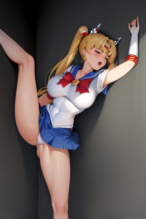 masterpiece, high definition, best quality, rendered art, well formed hands, fingers and body, 1 woman, solo, sailor moon , adult, grown up, twin tails, blonde, large and round breasted, cleavage, full body, , sexy sailor senshi uniform, short blue skirt, red boots, gorgeous hips, legs and thighs, blond, white elbow gloves, sailor collar, tiara, earrings, lifted skirt, panties peek, ryona , in peril, she is being beaten up by her opponent, she is knocked down and she is slapped in the face , she is pushed against the wall, being humiliated by her opponent, receiving the impact of her opponent's attacks, closed eyes, screaming in pain and agony, heroine in peril, ryona and perilous scene, bouncing breasts, weak and helpless, martial arts tournament on the beach
