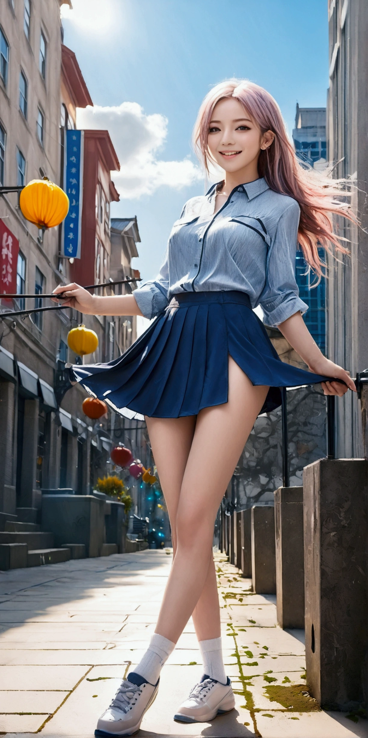 Official fine art,masterpaintings,Sharp focus,(Beautiful gorgeous and cute Korean leg model:1.3),(Beautiful and cute Korean leg model:1.3),Korean beauty,Delicate and beautiful hair and eyes and face,slimfigure,Sexy perfect body,Huge breasts,realisticlying,hyper detailled,a beautifulchi girl,blue-sky,Glowing white particles,(side-lighting:1.2),sun beam,baiyun,Detailed clouds,Slender legs,Toothy laughter,((Laugh and open your eyes)),scenecy,Long straight hair, sexy facial expression, architectural, (Cityscape:1.7), Dynamic hair, Long straight hair, Delicate platinum-pink hair, glow blue eyes, (blue pleated shirt+whitish skirt), long white socks, paleskin, hair adornments, epic landscapes,