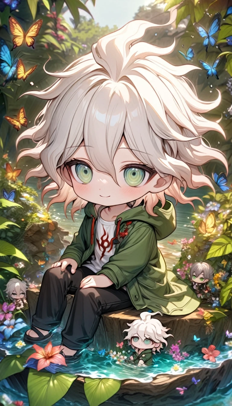 Ultra detailed, HDR, Highres, absurdres, master piece, Komaeda Nagito as chibi, white hair, expressive gray-green eyes, green coat with a hoodie, white shirt, black pants, Danganronpa, flowers, butterflies, fantasy, magical, green leaves, summer, boy, cute, water, chibi, smiling, sitting