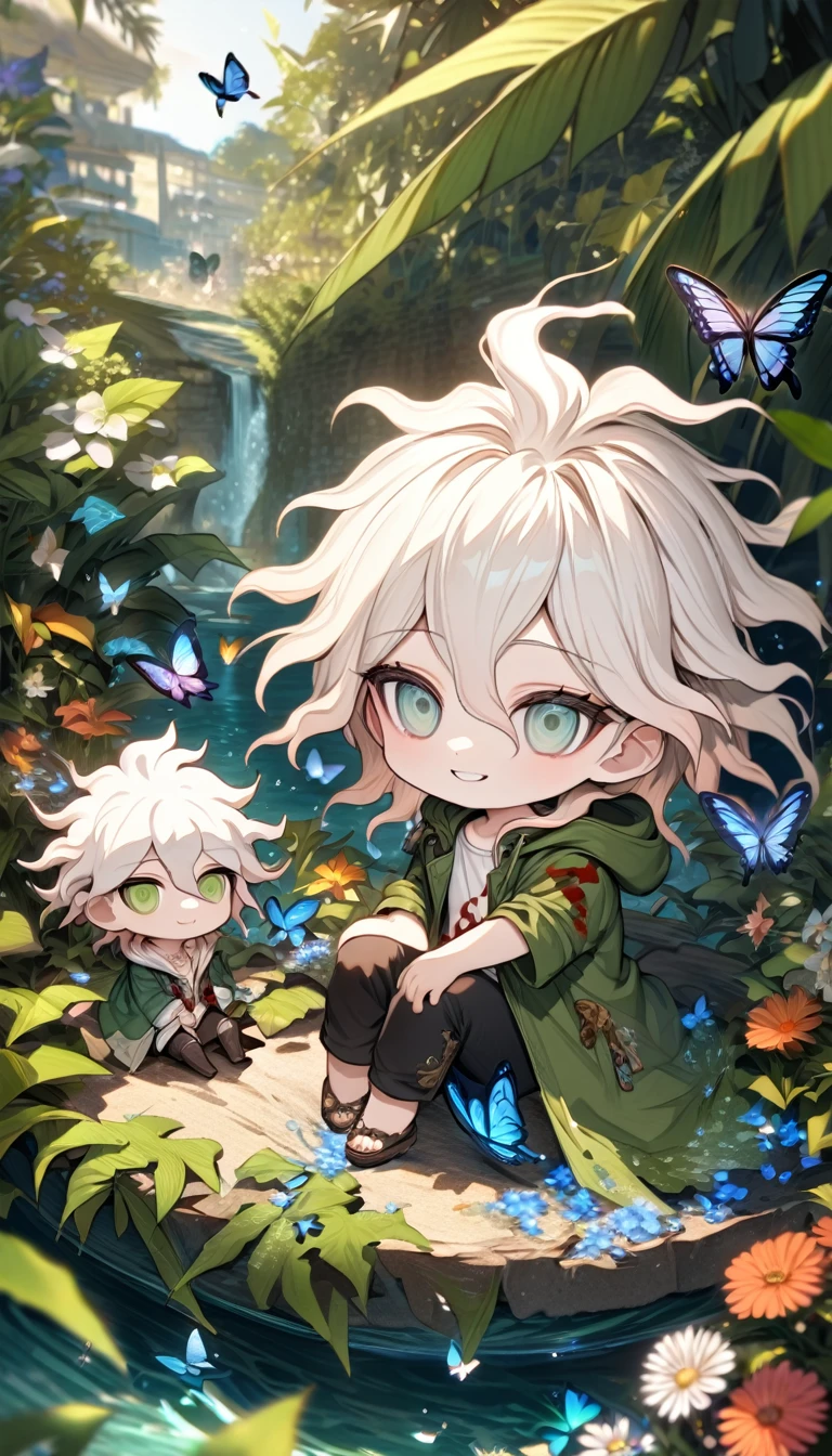 Ultra detailed, HDR, Highres, absurdres, master piece, Komaeda Nagito as chibi, white hair, expressive gray-green eyes, green coat with a hoodie, white shirt, black pants, Danganronpa, flowers, butterflies, fantasy, magical, green leaves, summer, boy, cute, water, chibi, smiling, sitting