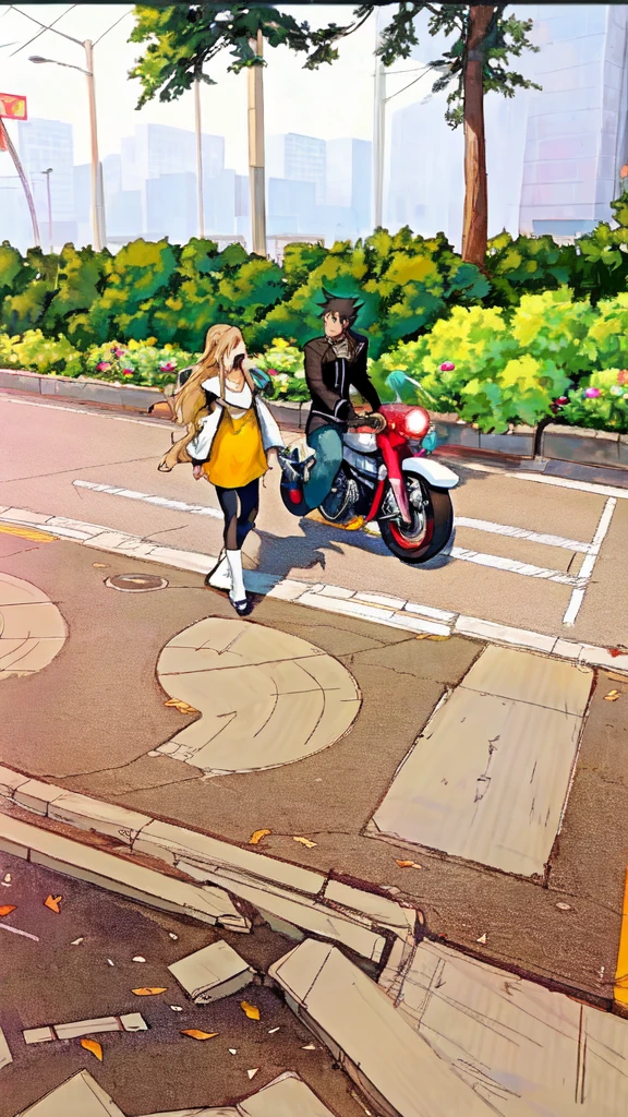 anime quality image, in a city street, a biker on the bike and a pedestrian walking, sidewalk on the right and aligned with the paved street, sidewalk follows the curvature of the street, garden on the right side of the sidewalk, 