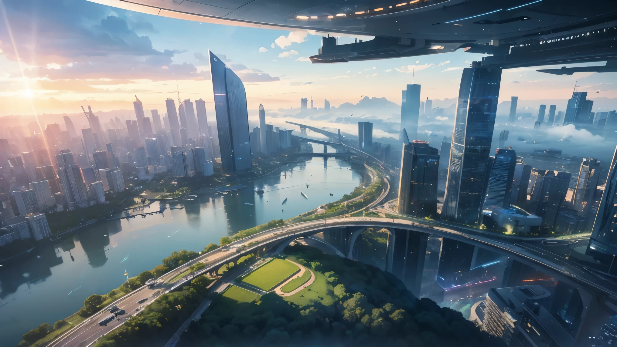 (Highest quality,4K,8k,High resolution,masterpiece:1.2),Very detailed,(Realistic,Realistic,Photorealistic:1.37),Futuristic floating city,Future Technology,Huge urban high-tech tablet platform,airship,Floating in the sky,Future City,小さなairshipが周囲に,High-tech hemispherical platform,Colorful lights,High-level architecture,Modern architecture,Skyscraper,Access the cloud,Beautiful views,City view,Impressive design,Seamlessly blending with nature,vibrant and lively atmosphere,Future Transportation Systems,No Parking,Transparent path,Lush greenery,Sky Garden,waterfall,Spectacular Skyline,Reflection on the surface of the water,Shining River,Architectural Innovation,Futuristic skyscrapers,Transparent Dome,The building has an unusual shape,Elevated walkway,Impressive Skyline,Glowing lights,Future Technology,minimalist design,Scenic spots,panoramic,tower that pierces the clouds,Vibrant colors,Spectacular sunrise,Spectacular sunset,Dazzling light display,Magical atmosphere,Future City,Urban Utopia,Luxury Lifestyle,Innovative Energy,Sustainable Development,Smart City Technology,Advanced Infrastructure,Quiet atmosphere,Nature and technology coexist in harmony,Great cityscape,Unprecedented urban planning,Architecture seamlessly connects with nature,High-tech city,A marvel of cutting-edge engineering,The future of urban living,A visionary architectural concept,Energy-efficient buildings,Harmony with the environment,A city floating above the clouds,Utopian dreams become reality,The possibilities are endless,Cutting-edge transportation network,Green Energy Integration,Innovative Materials,Impressive holographic display,Advanced Communication Systems,Breathtaking aerial views,Quiet and peaceful environment,Modernist aesthetics,Heavenly Beauty