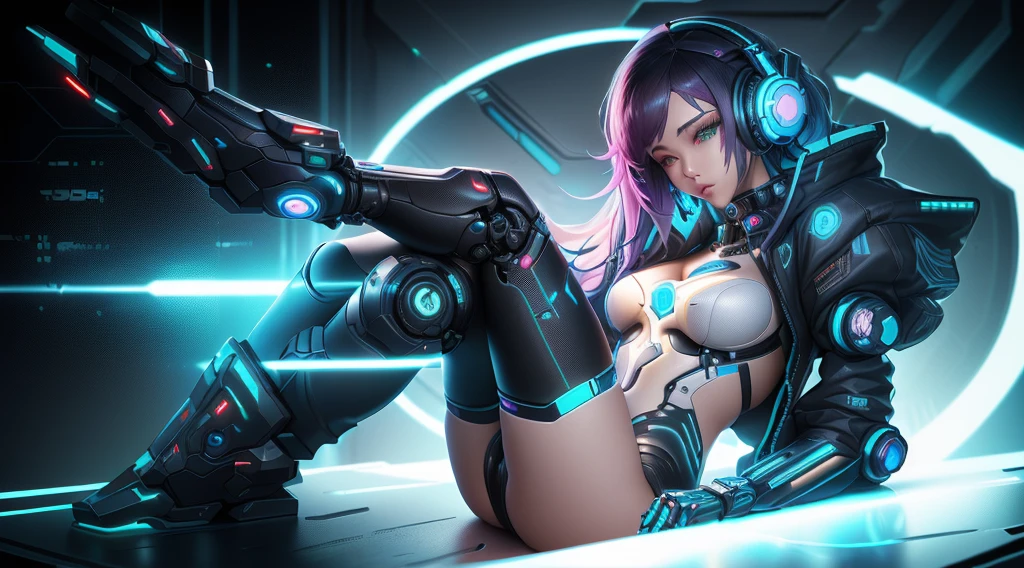 A woman in futuristic clothing lying on a table with headphones, Cyberpunk anime girl, cute robot girl, female Cyberpunk anime girl, Cyberpunk anime girl mech, Perfect robot girl, Digital Cyberpunk Anime Art, Popular on cgstation, Anime Cyberpunk Art, European Cyberpunk, Cyberpunk Girl, Beautiful boy, Cyberpunk 2000. Model Girl