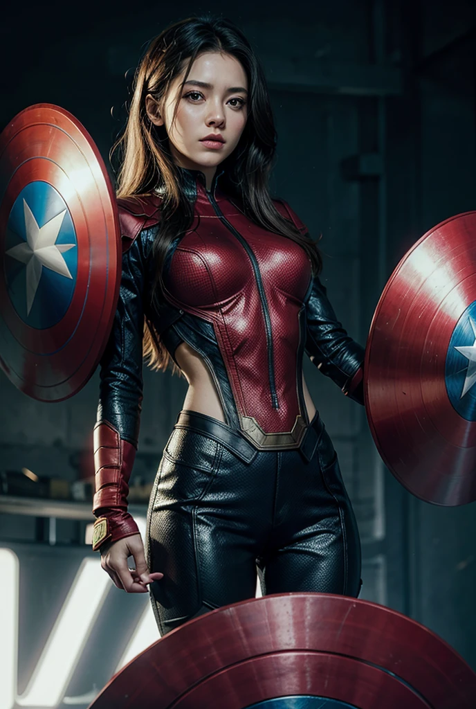 Marvel's Black Widow Natasha from The Avengers , beautiful red haired black leather jumpsuit, a firearm on the waistband of the leg well-designed mouth Red lipstick , intense green eyes , in rich detail , in 4k better image quality