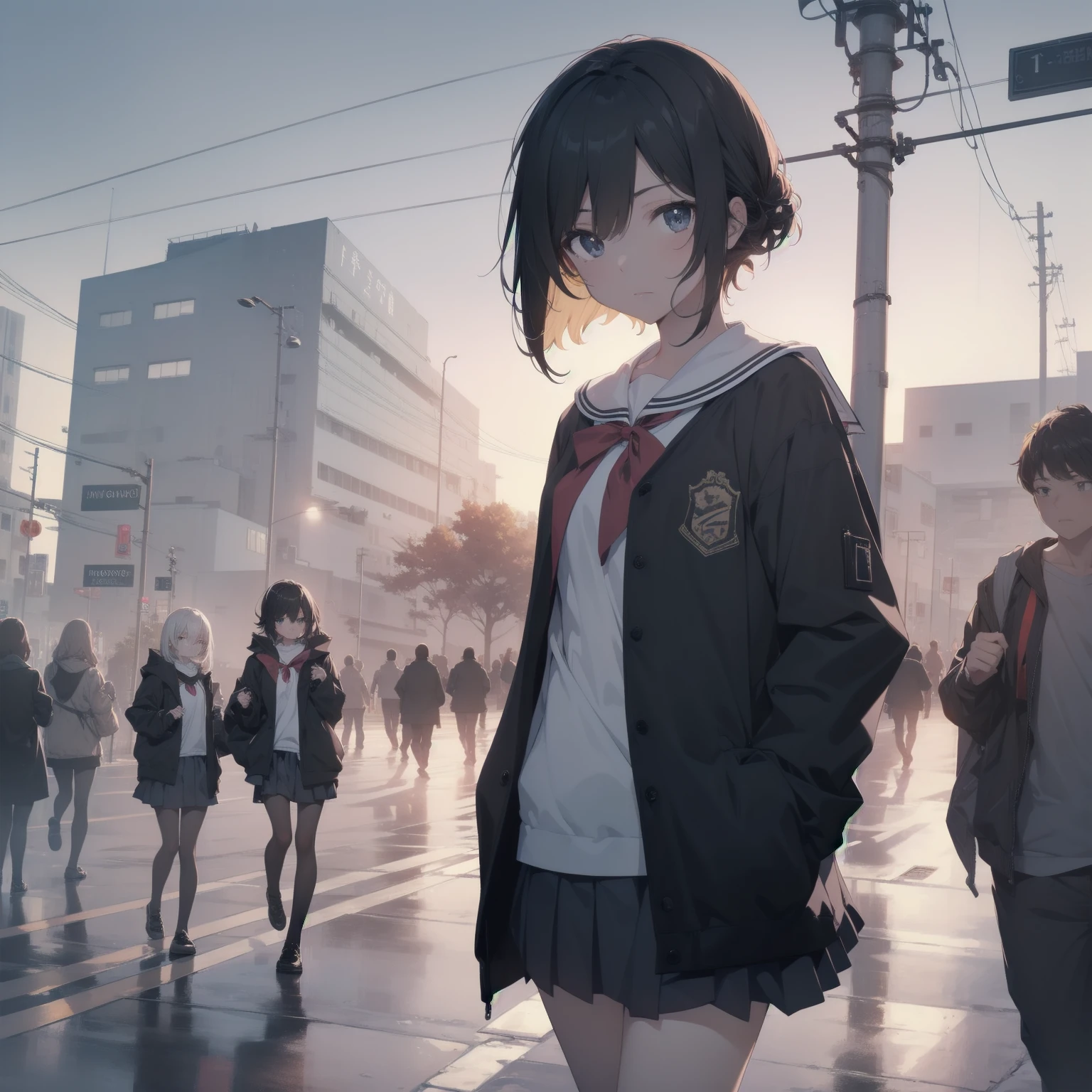 ultra-absurdres-Top quality by artist God, ultra-detailed, high resolution, anime moe artstyle, best anime 8k konachan wallpaper, pixiv contest winner, pool:2810, perfect anatomy,break, 1girl, (Please draw a girl walking sleepily to school alone. )break,(Solo,little female, -yeld:1.Full limbs, complete fingers,a junior hihort hair), short cut, flat chest, , small butt, small black eyes, beautiful detailed eyes, well-proportioned iris and pupils, expressive eyes, highres detailed hair, soft expression, salor school_uniform, sailor collar, serahuku, bow, pleated skirt,(Detailed Lighting), (Detailed background), in the School commute route. break,super detailed skin, Best cinematic lighting powered by famous artist, 8k,beauty illustration,photoshop_(medium),very aesthetic,break,((artist:zen_(kamuro) )), artist:clamp ,artist:carnelian ,artist:kantoku ,