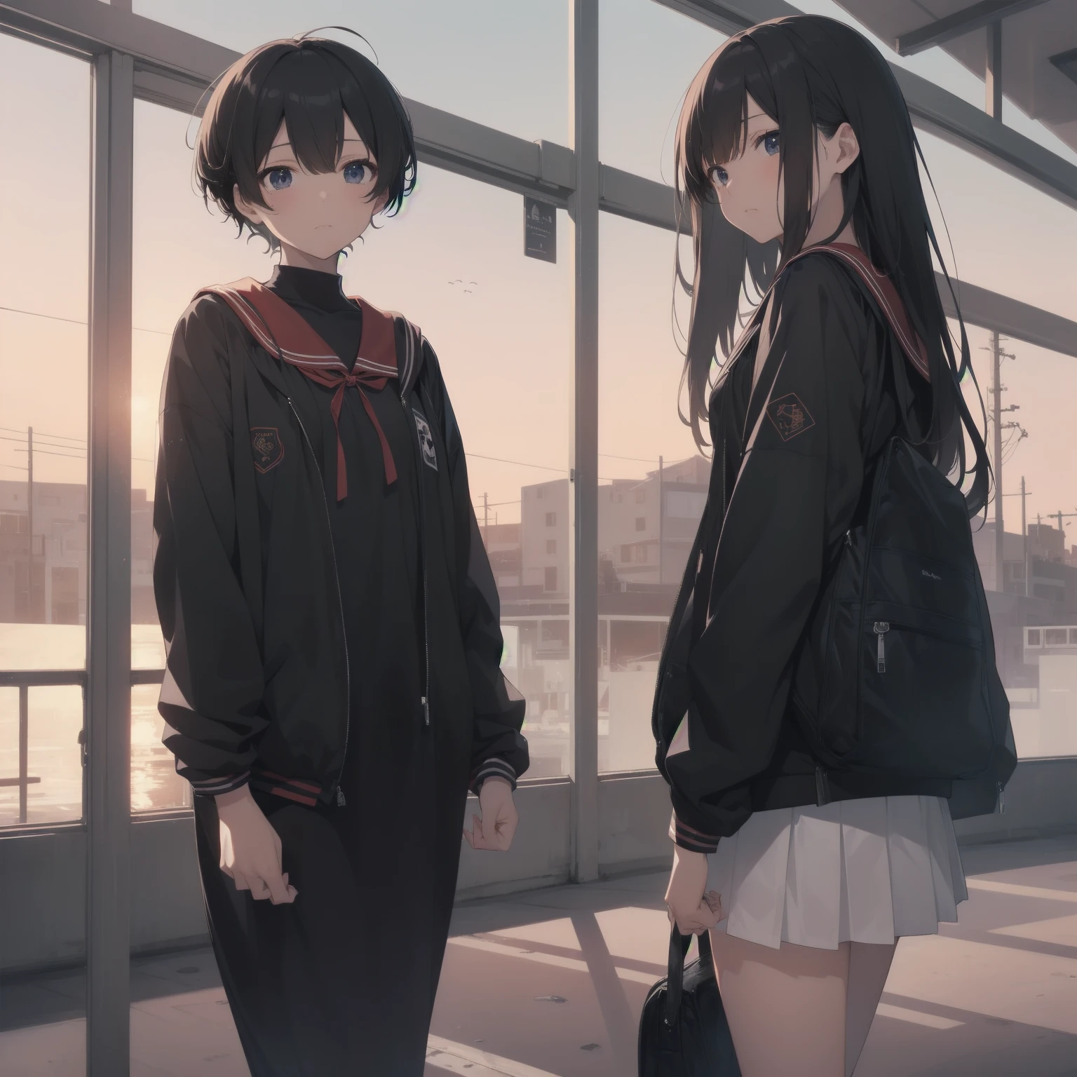 ultra-absurdres-Top quality by artist God, ultra-detailed, high resolution, anime moe artstyle, best anime 8k konachan wallpaper, pixiv contest winner, pool:2810, perfect anatomy,break, 1girl, (Please draw a girl walking sleepily to school alone. )break,(Solo,little female, 13-year-old:1.3),Full limbs, complete fingers,a junior high school student, (very short hair), short cut, flat chest, , small butt, small black eyes, beautiful detailed eyes, well-proportioned iris and pupils, expressive eyes, highres detailed hair, soft expression, salor school_uniform, sailor collar, serahuku, bow, pleated skirt,(Detailed Lighting), (Detailed background), in the School commute route. break,super detailed skin, Best cinematic lighting powered by famous artist, 8k,beauty illustration,photoshop_(medium),very aesthetic,break,((artist:zen_(kamuro) )), artist:clamp ,artist:carnelian ,artist:kantoku ,