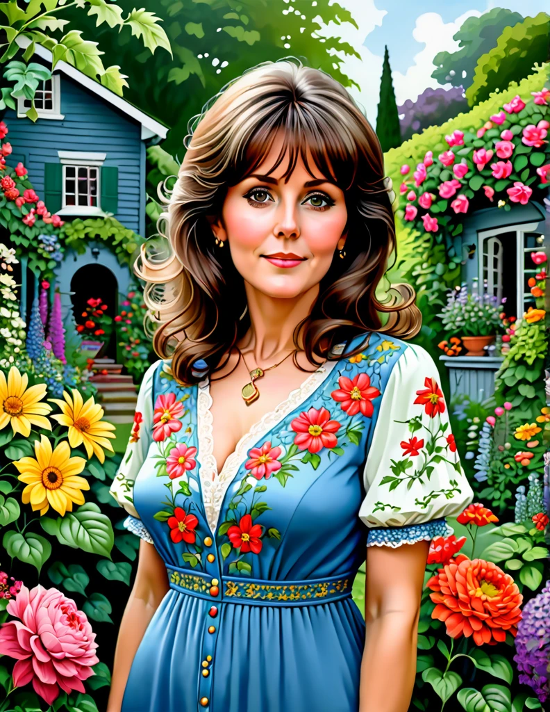 A Portrait of a Beautiful Woman [Elisabeth Sladen:Maude Adams:4.5] donning Victorial Casual Dress, she is in her backyard garden with lush vibrant flowers, insanely detailed and intri garden, A Don Lawrence Style Illustration