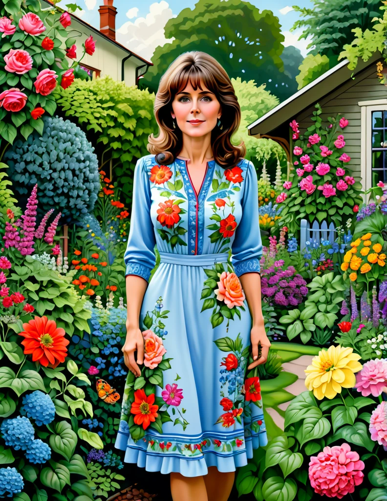 A Portrait of a Beautiful Woman [Elisabeth Sladen:Maude Adams:4.5] donning Victorial Casual Dress, she is in her backyard garden with lush vibrant flowers, insanely detailed and intri garden, A Don Lawrence Style Illustration