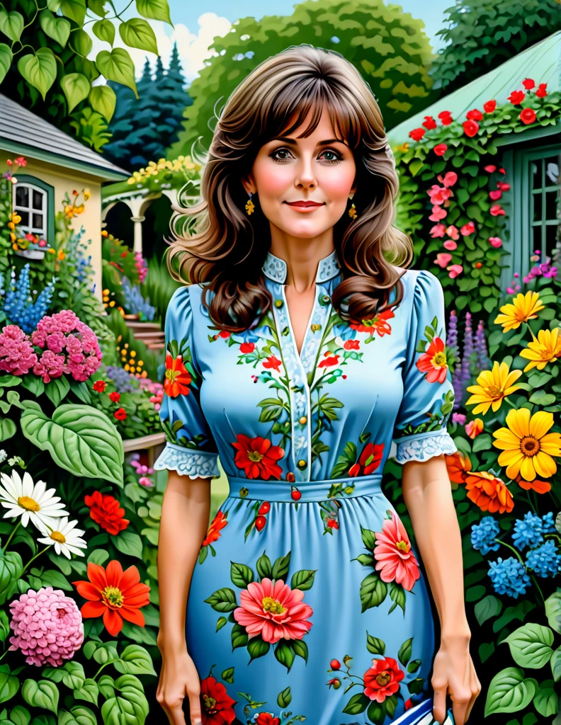 A Portrait of a Beautiful Woman [Elisabeth Sladen:Maude Adams:4.5] donning Victorial Casual Dress, she is in her backyard garden with lush vibrant flowers, insanely detailed and intri garden, A Don Lawrence Style Illustration