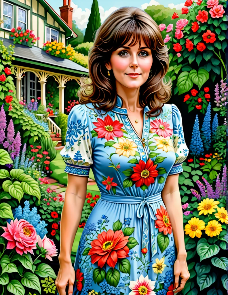 A Portrait of a Beautiful Woman [Elisabeth Sladen:Maude Adams:4.5] donning Victorial Casual Dress, she is in her backyard garden with lush vibrant flowers, insanely detailed and intri garden, A Don Lawrence Style Illustration