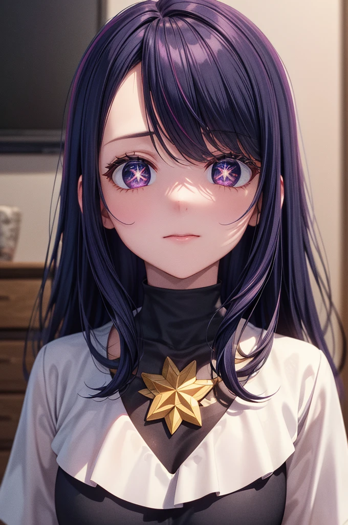 (8k, Ultra-high resolution, The best masterpiece, best quality:1.2), Very detailed, portrait, Half Body, side, focus on eyes, HD RAW photos, career arrest, High quality and beautiful, 超高清 8k 影像照片, confess, Professional photography, (actual, actual相片: 1.37), Very detailed的美麗女孩, Super delicate face shape, Contoured eyes, (Very detailed eyes), Delicate skin, (HD Skin:1.2), Neatly contoured fingers, (20:1.2), Twenty generations, cute girl, young beautiful mother, solo, Ai Hoshino, Hoshino Ai,, (Wearing home clothes), Vibrant look, (Living room at home), Dynamic dark purple long hair, shiny purple eyes, (Star-shaped pupil:1.5), one hand raised, Sensual, Exuding motherly love, perfect anatomy, Detailed background, HD Background, Volumetric lighting, actual, stunning details, 8k Ultra HD, high quality, CG unity, C4D Rendering, 3D Rendering, Octane Rendering,