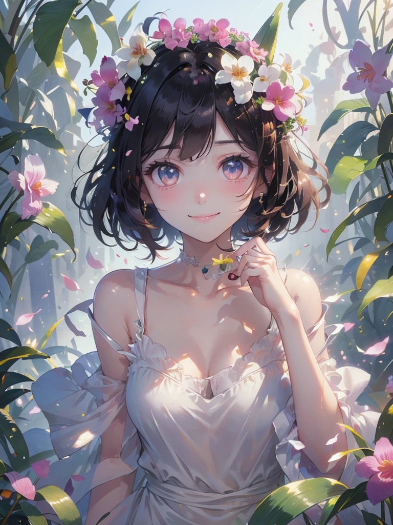 cattleya、(masterpiece、Highest quality、Highest quality、Beautiful and beautiful:1.2)、Drawing of a girl with bob hair、Cattleyaと融合したコスチューム、Adorable smile、Gazing at you、Flowers and leaves on the head、Cattleya