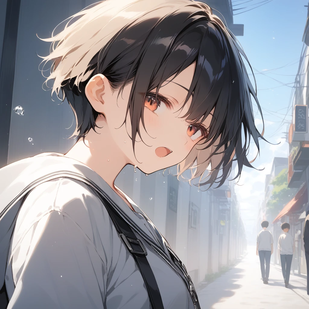 score_9, score_8_up, score_7_up, source_anime, best quality, masterpiece, official art, absurdres, highres, ultra-detailed,waifu2x,Collection: Serious Beauty,break,1girl, tomboy, very short hair, pixie cut, breasts, beautiful detailed eyes, open mouth, (yawn:0.3), sleepily, , shorts, sweat, outdoors, rural, wind, break,(clear line illustration:1.2), super detailed skin,very high resolution, very aesthetic, Best sexual lighting powered by famous artist, 8k, beauty illustration,photoshop_(medium),,(Detailed Lighting),best anime 8k konachan wallpaper, pixiv contest winner,