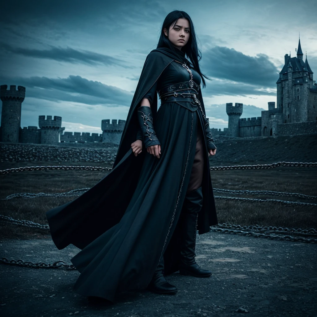 一尾鯰丁惡女人 blue eyes and black hair stands in a dramatic pose, There are chains on the ground, A dark cloak billowed around her, Her expression is a mixture of determination and sadness. She is surrounded by crows and chains, Hints at a dark and mysterious past. In the background is a distant castle and swirling sky, Increase the sense of intrigue.
anime style, Dynamic composition wide angle lens, dramatic lighting, black contrast color, blue, and white, Subtle motion blur, Detailed texture, Clouds and distant castle in the background, Presented in a highly detailed and realistic style.